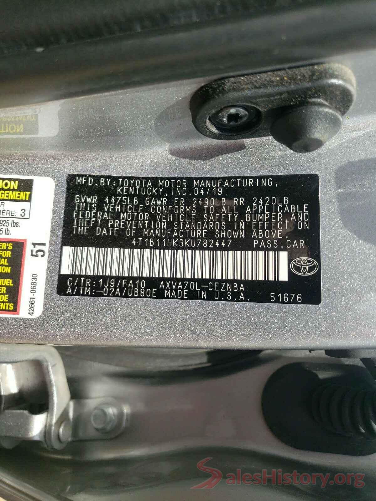 4T1B11HK3KU782447 2019 TOYOTA CAMRY