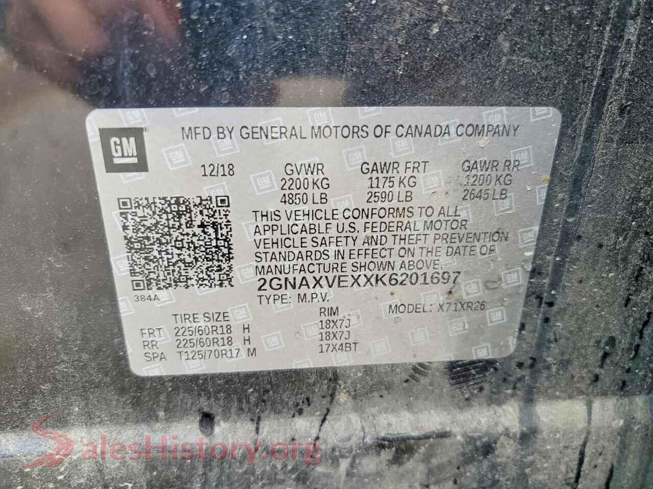 2019 CHEVROLET EQUINOX VIN 2GNAXVEXXK6201697, trunk area