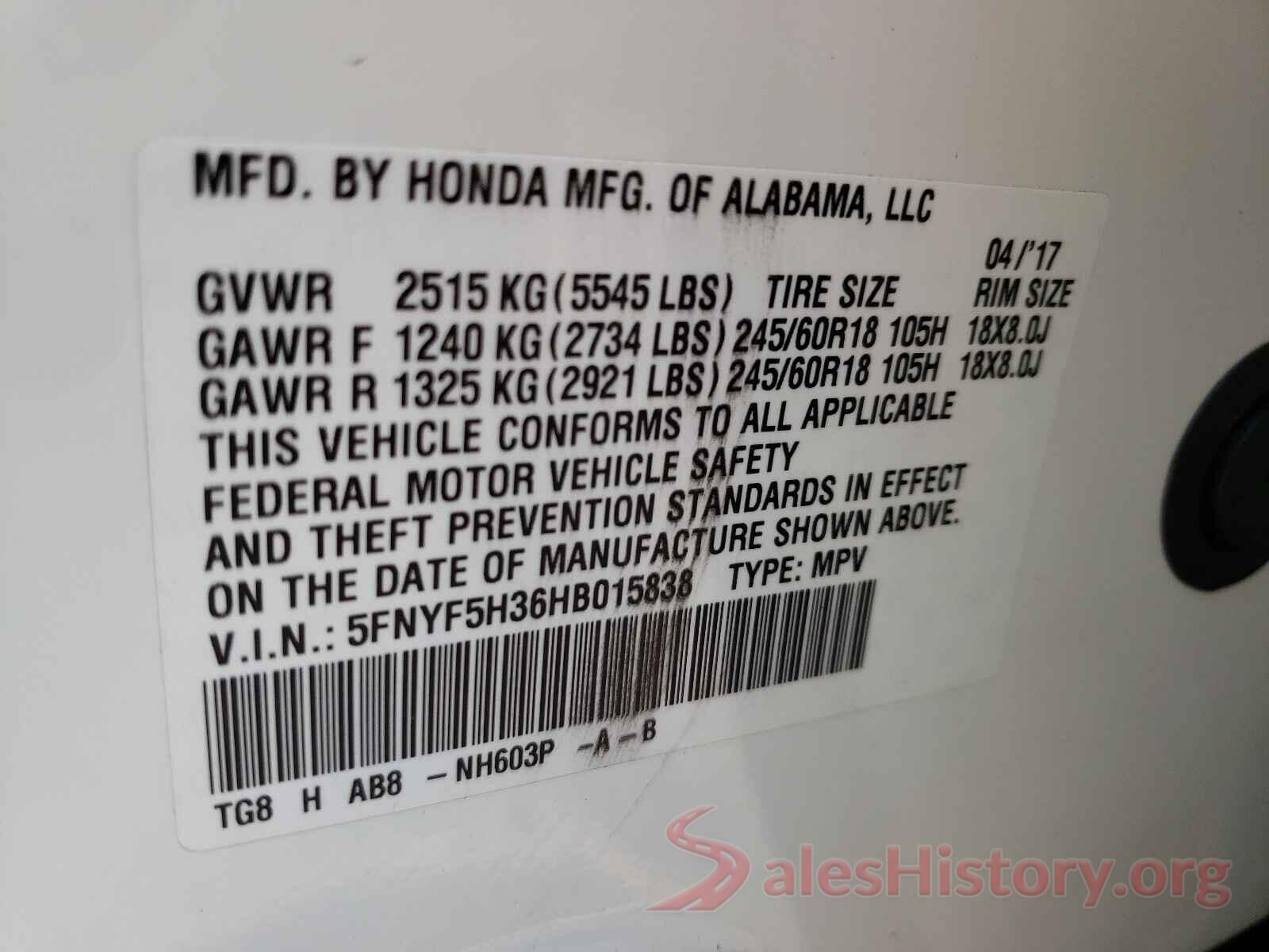 5FNYF5H36HB015838 2017 HONDA PILOT