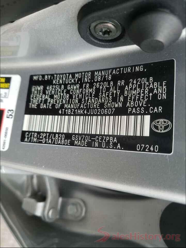 4T1BZ1HK4JU020607 2018 TOYOTA CAMRY