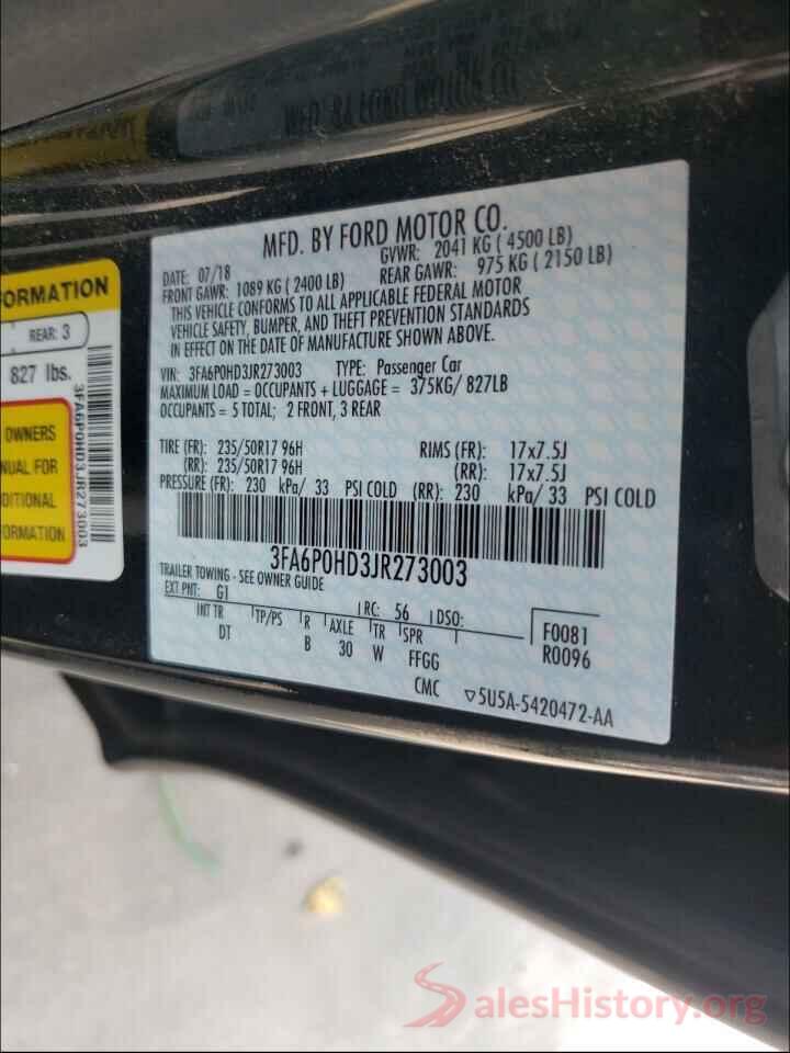 3FA6P0HD3JR273003 2018 FORD FUSION