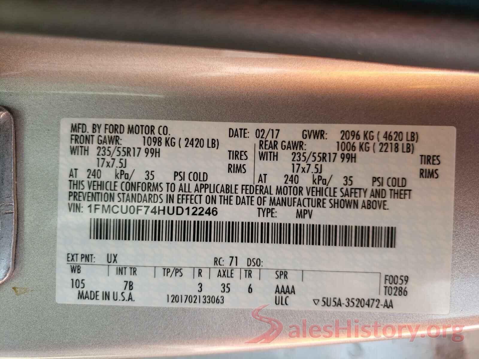 1FMCU0F74HUD12246 2017 FORD ESCAPE