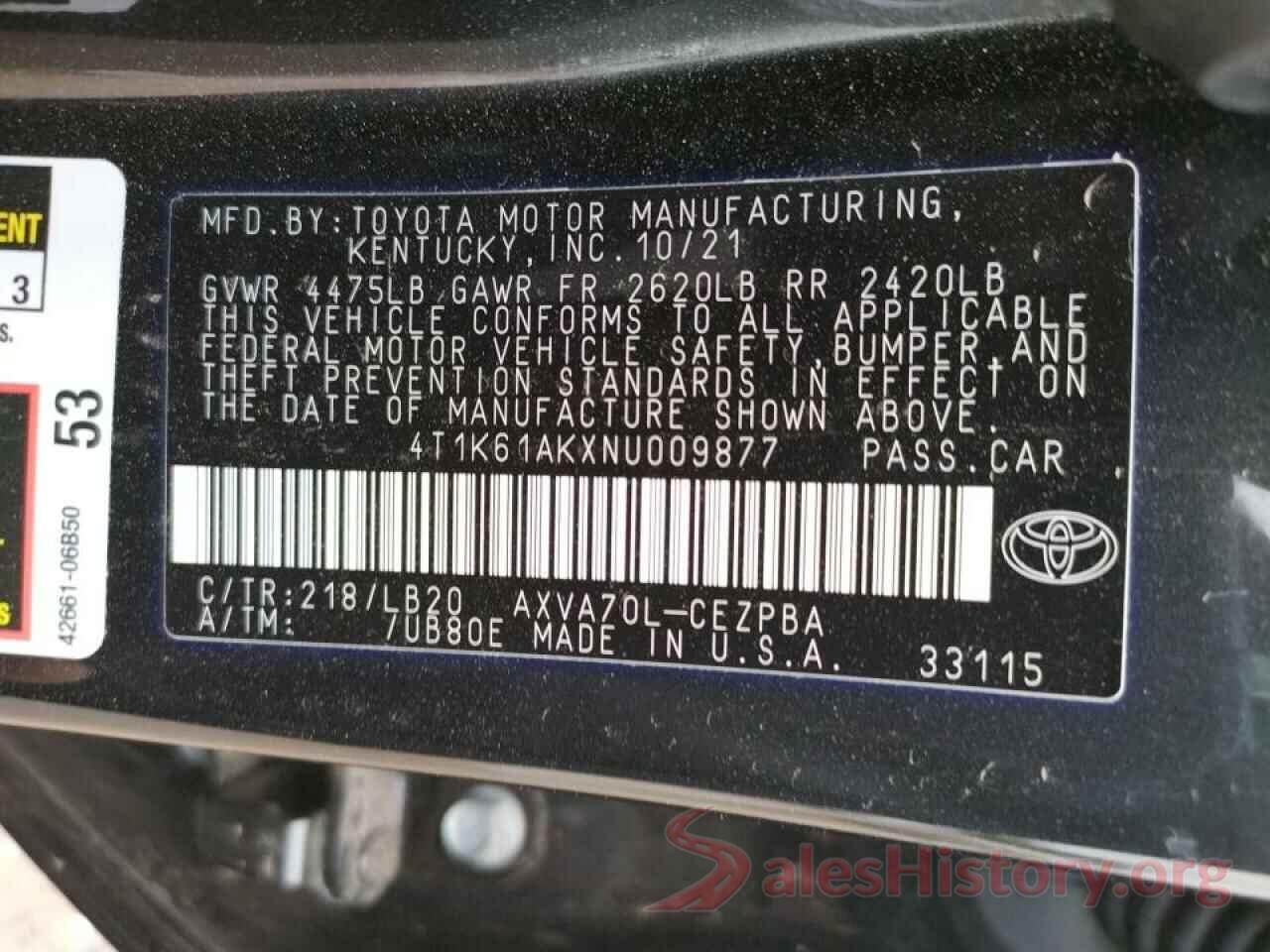 4T1K61AKXNU009877 2022 TOYOTA CAMRY