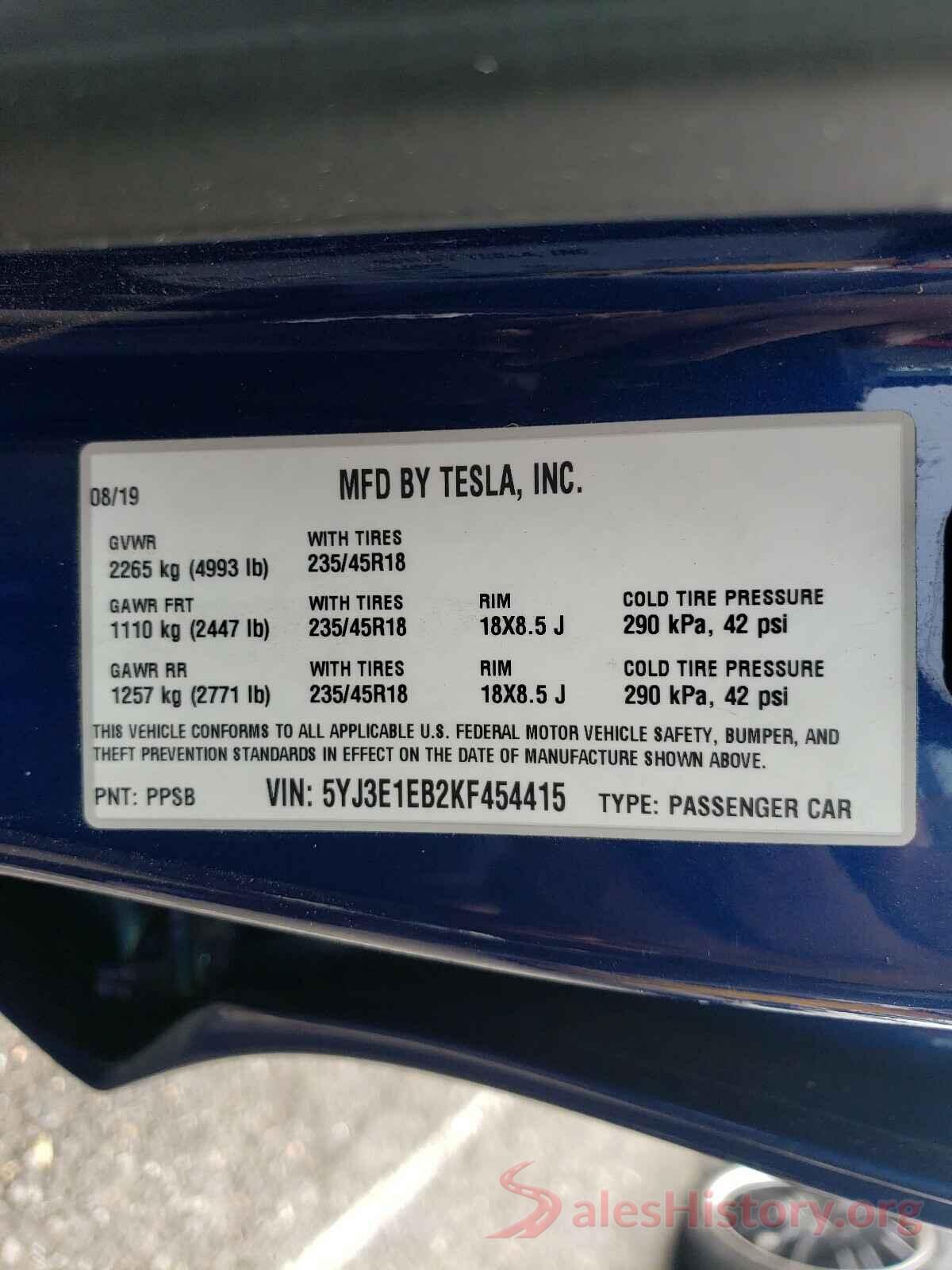 5YJ3E1EB2KF454415 2019 TESLA MODEL 3