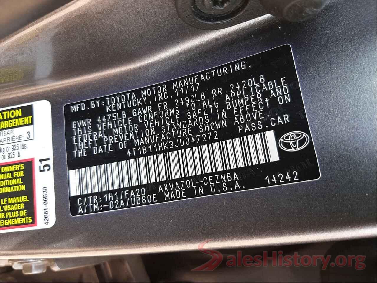 4T1B11HK3JU047272 2018 TOYOTA CAMRY