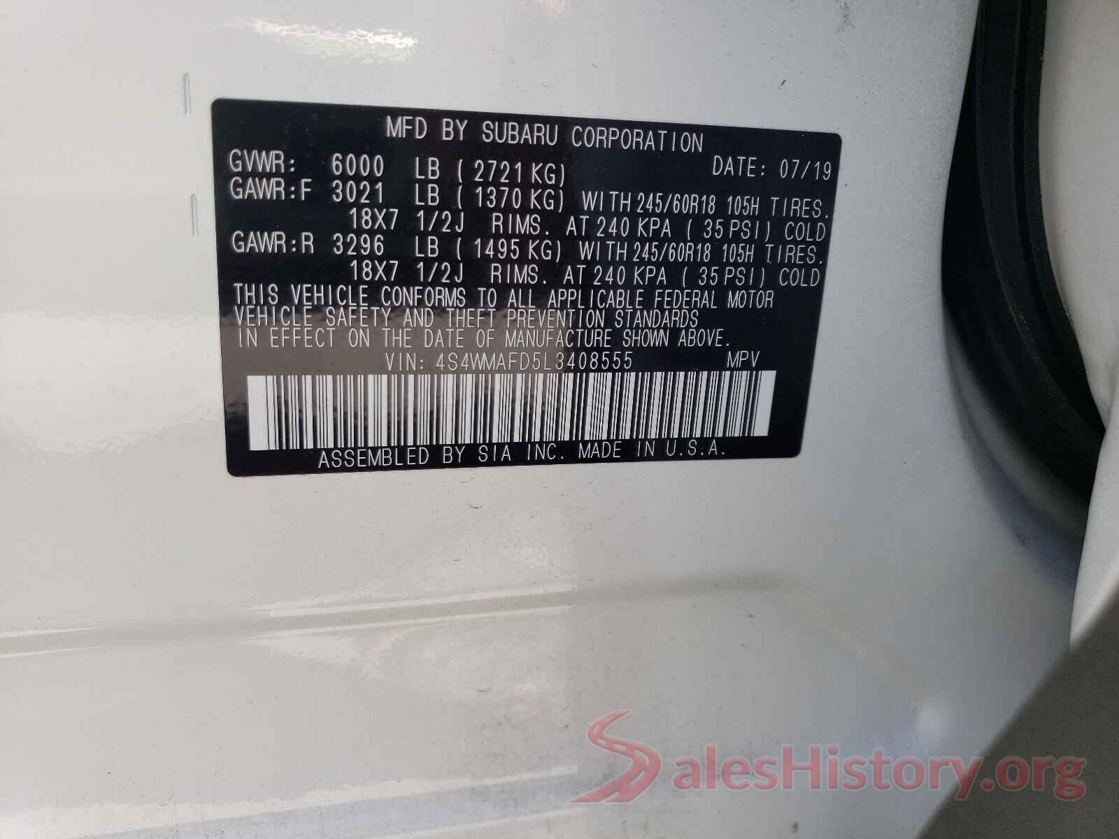 4S4WMAFD5L3408555 2020 SUBARU ASCENT