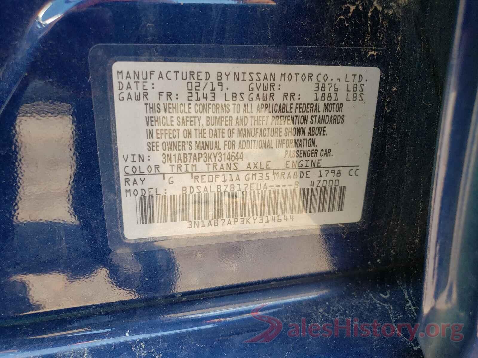 3N1AB7AP3KY314644 2019 NISSAN SENTRA