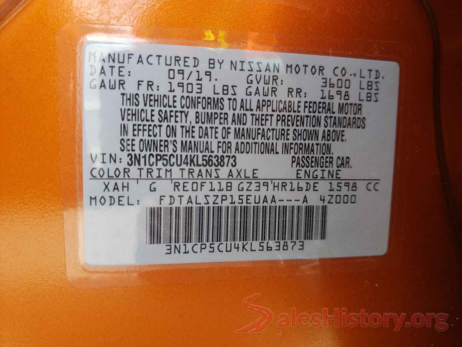 3N1CP5CU4KL563873 2019 NISSAN KICKS