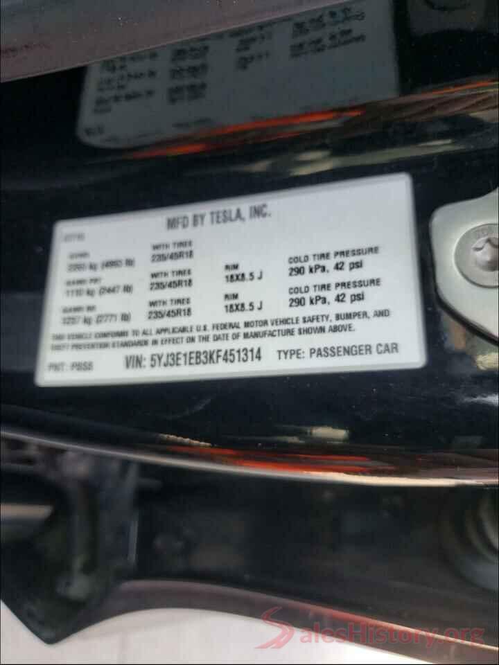 5YJ3E1EB3KF451314 2019 TESLA MODEL 3