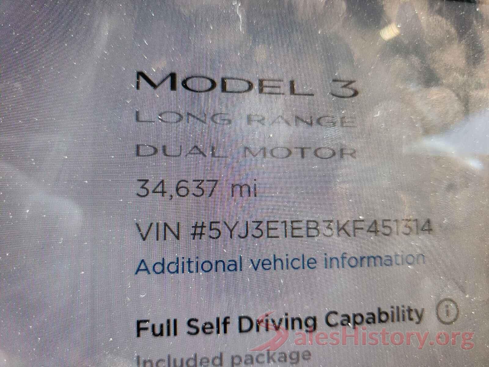 5YJ3E1EB3KF451314 2019 TESLA MODEL 3