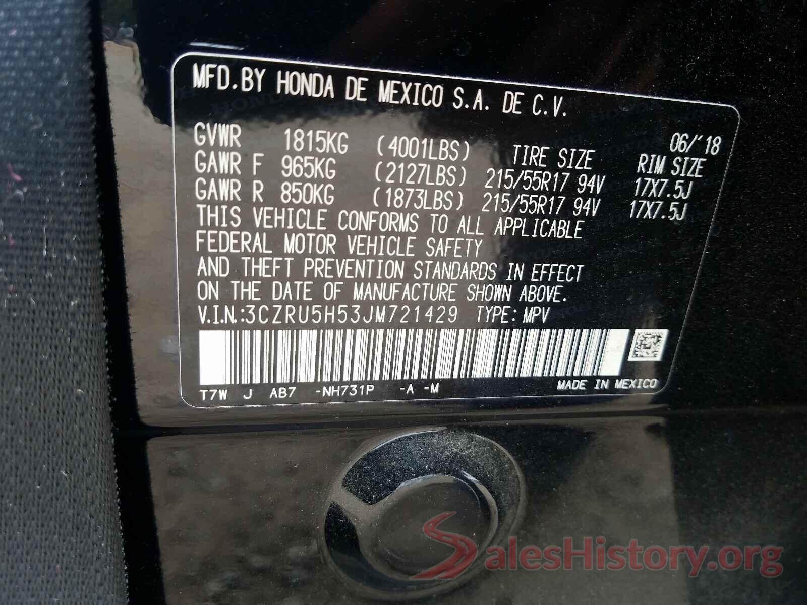 3CZRU5H53JM721429 2018 HONDA HR-V