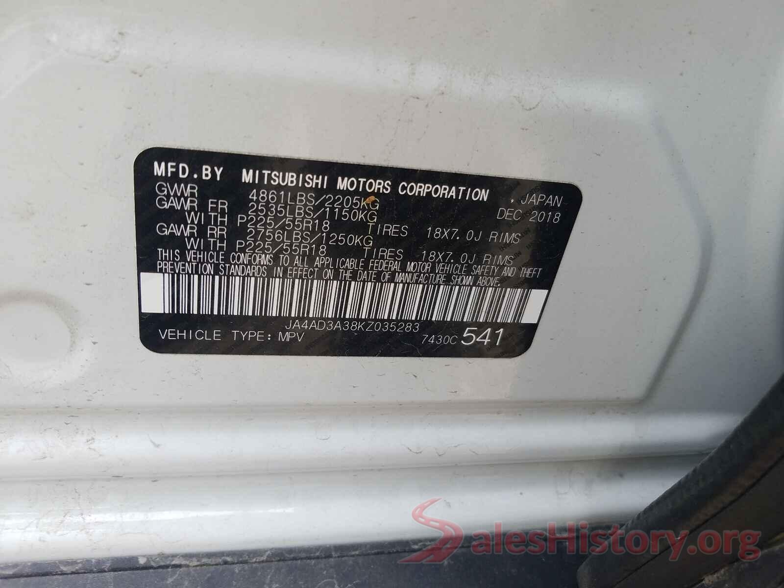 JA4AD3A38KZ035283 2019 MITSUBISHI OUTLANDER