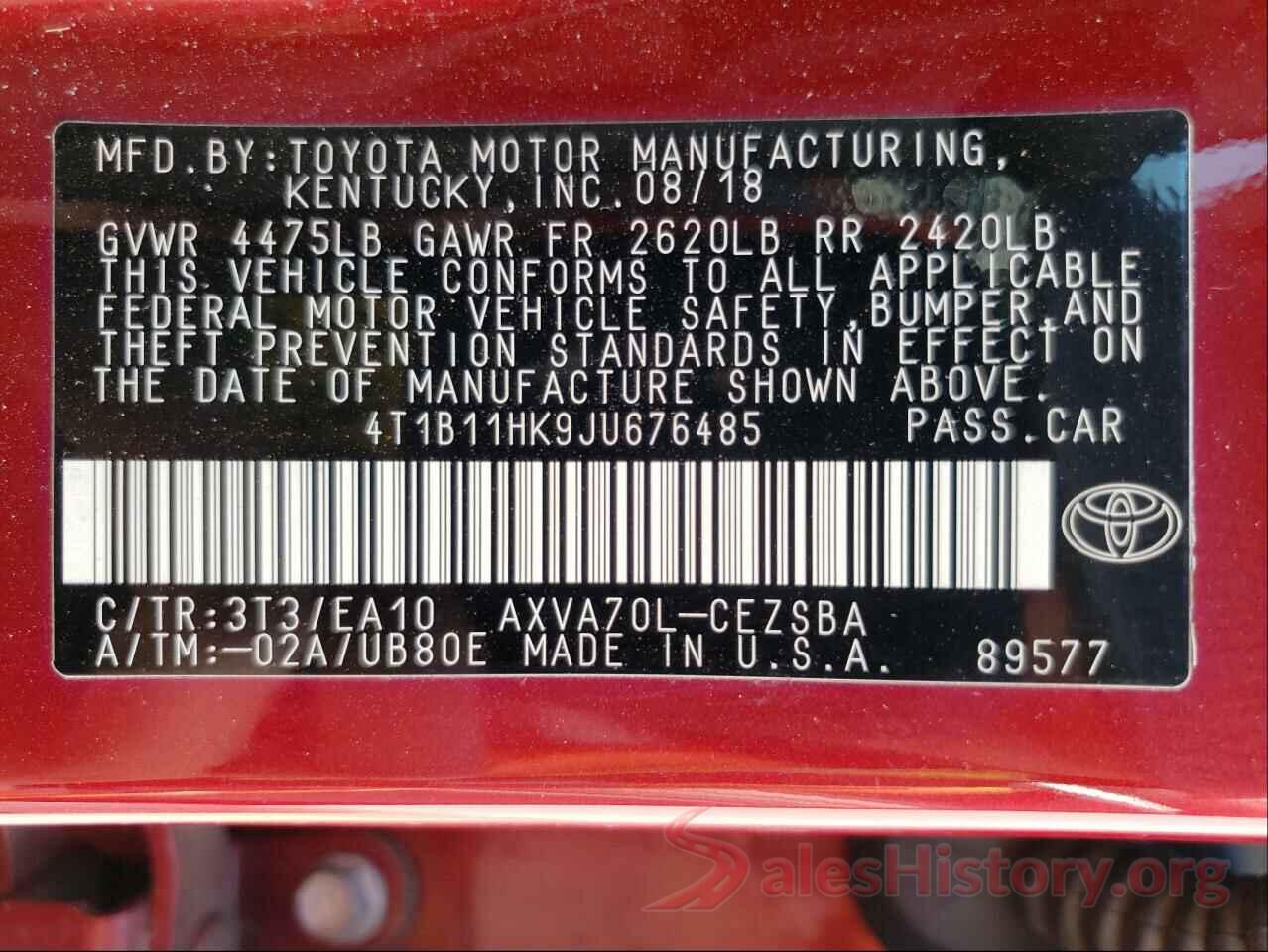 4T1B11HK9JU676485 2018 TOYOTA CAMRY