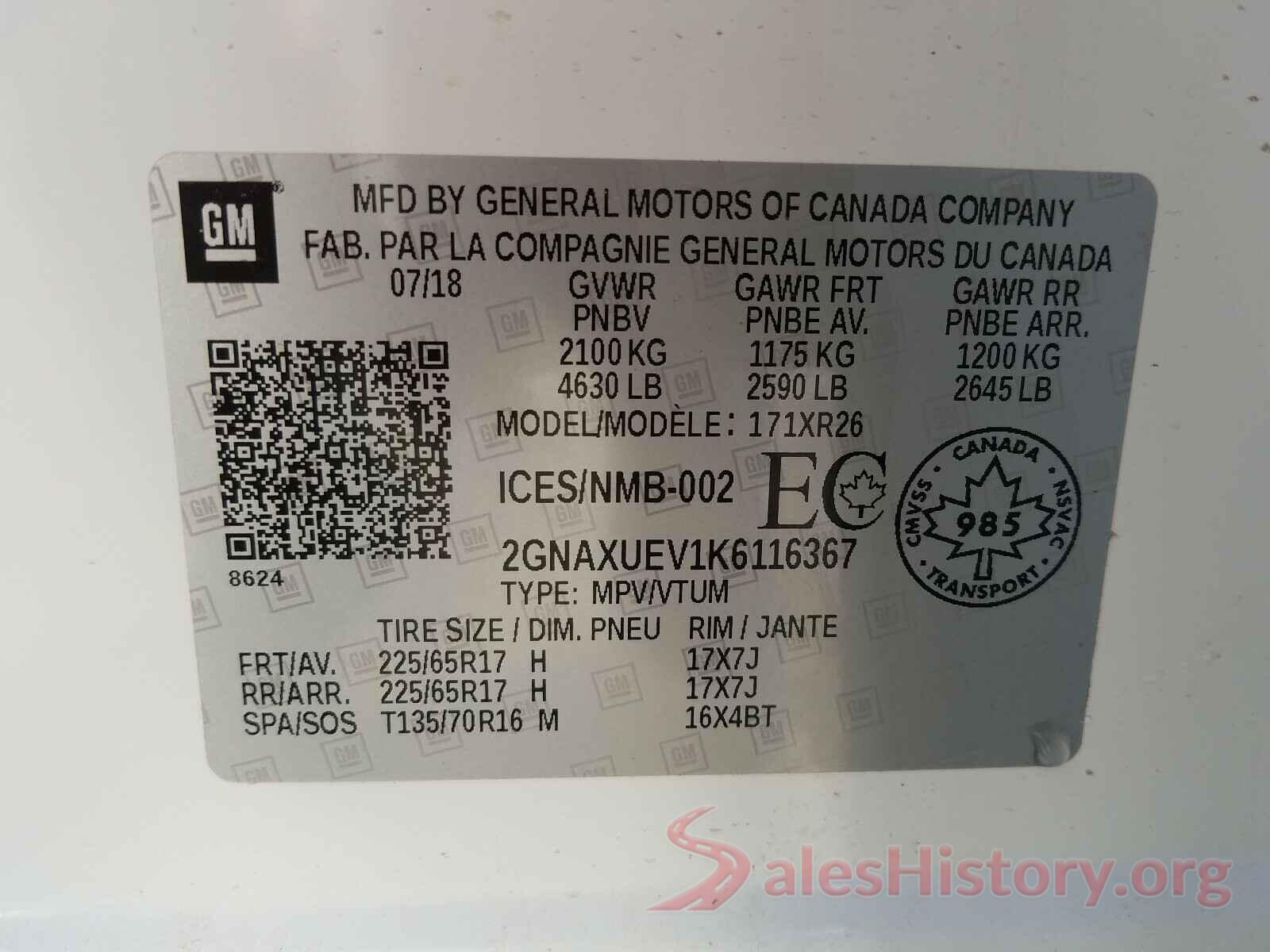 2GNAXUEV1K6116367 2019 CHEVROLET EQUINOX