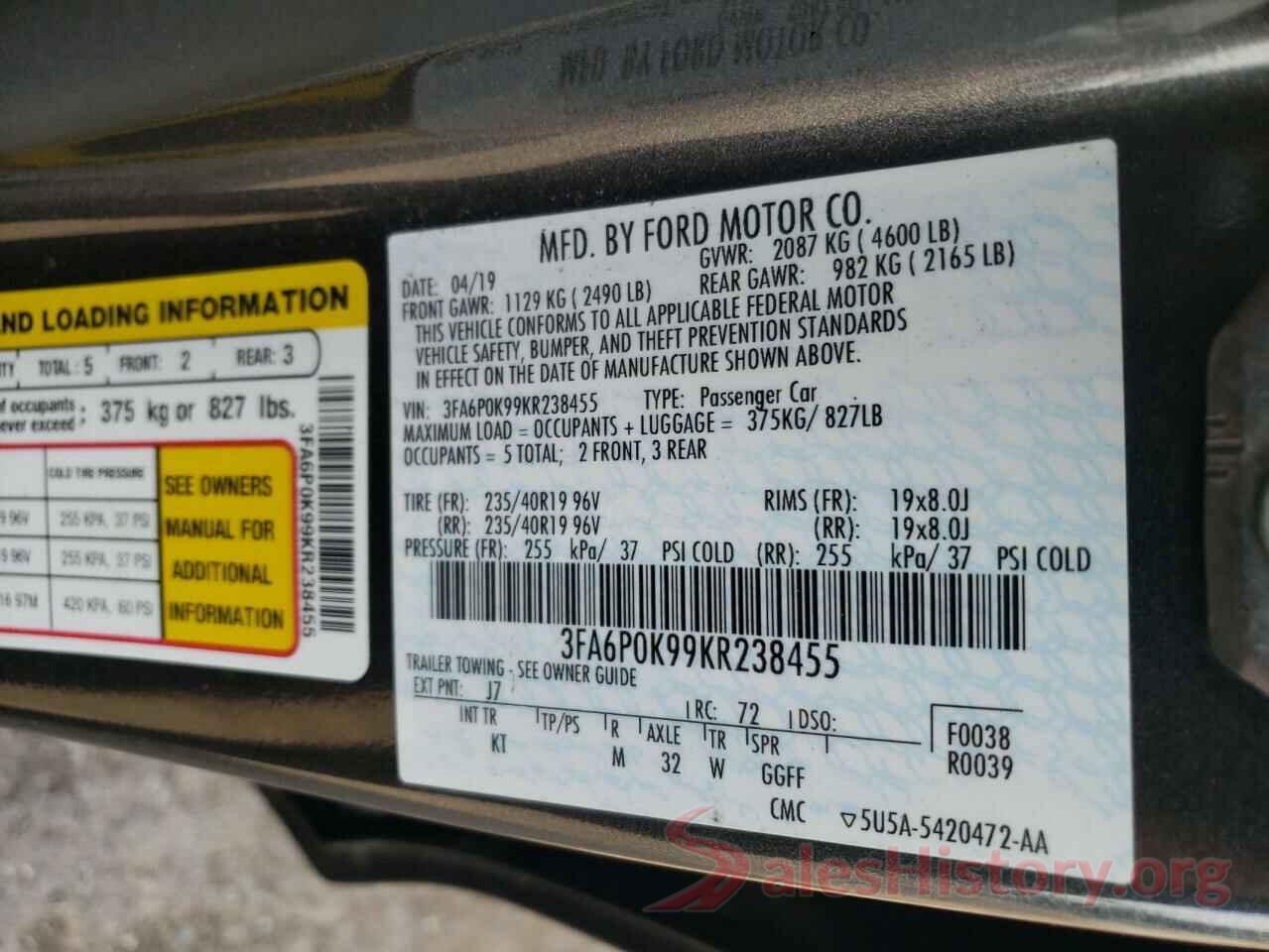 3FA6P0K99KR238455 2019 FORD FUSION