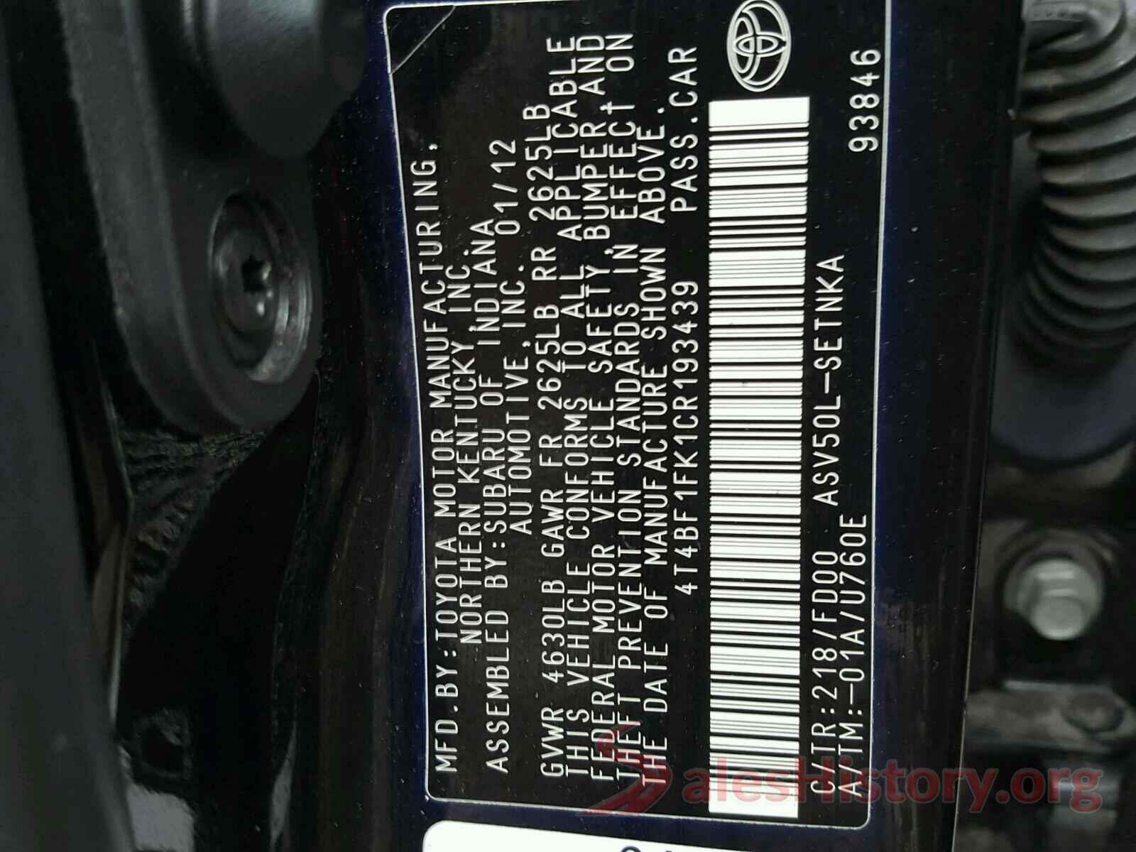 4T4BF1FK1CR193439 2012 TOYOTA CAMRY BASE