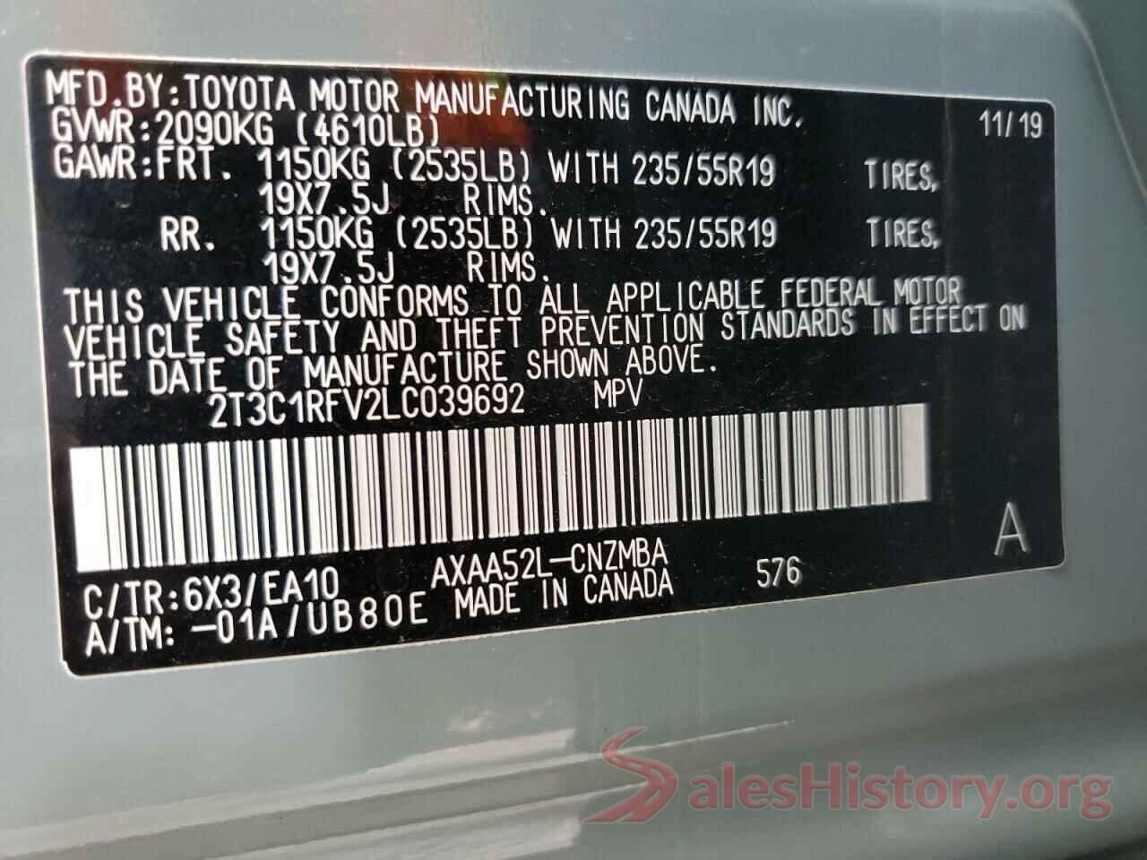 2T3C1RFV2LC039692 2020 TOYOTA RAV4