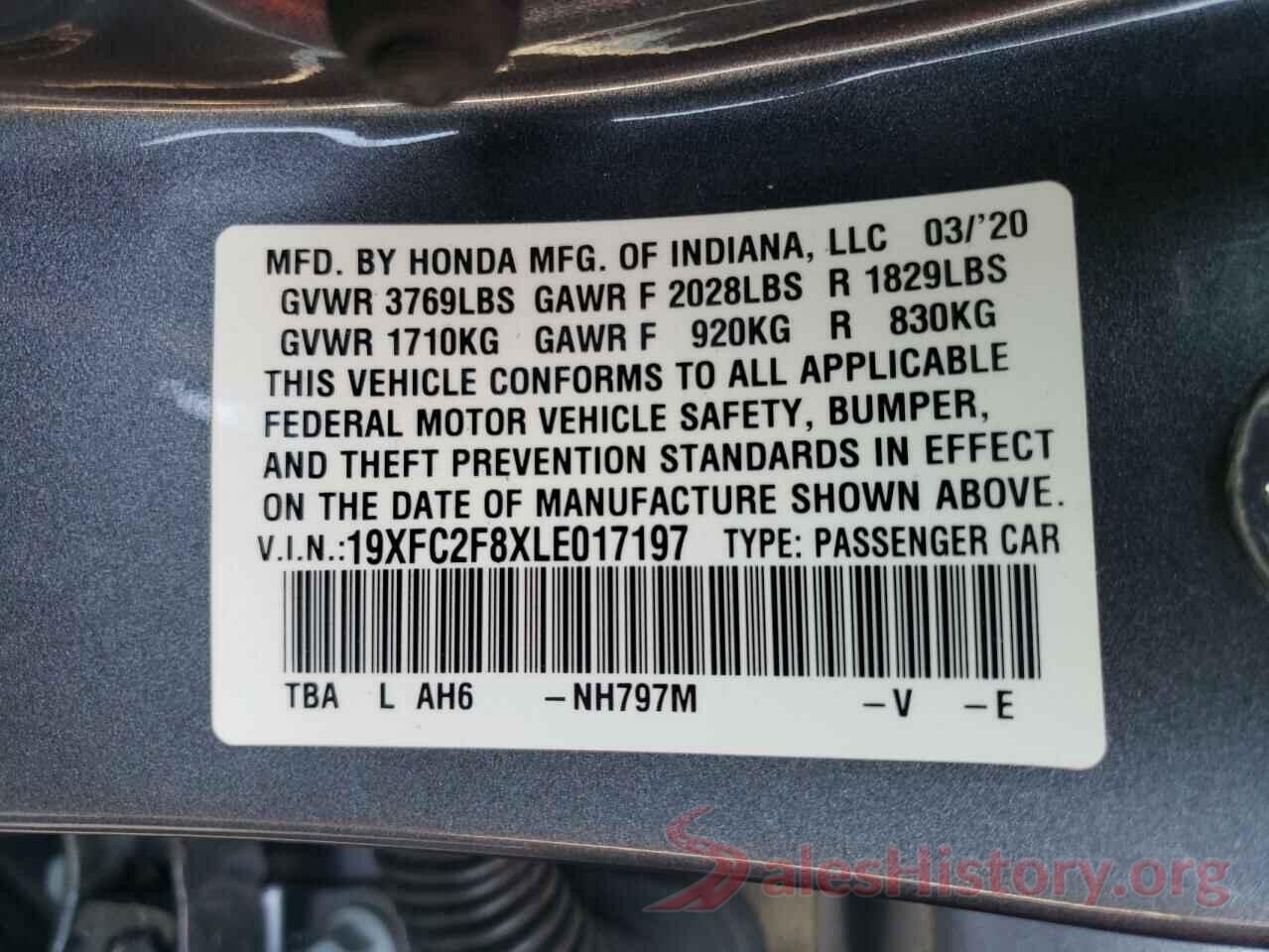 19XFC2F8XLE017197 2020 HONDA CIVIC