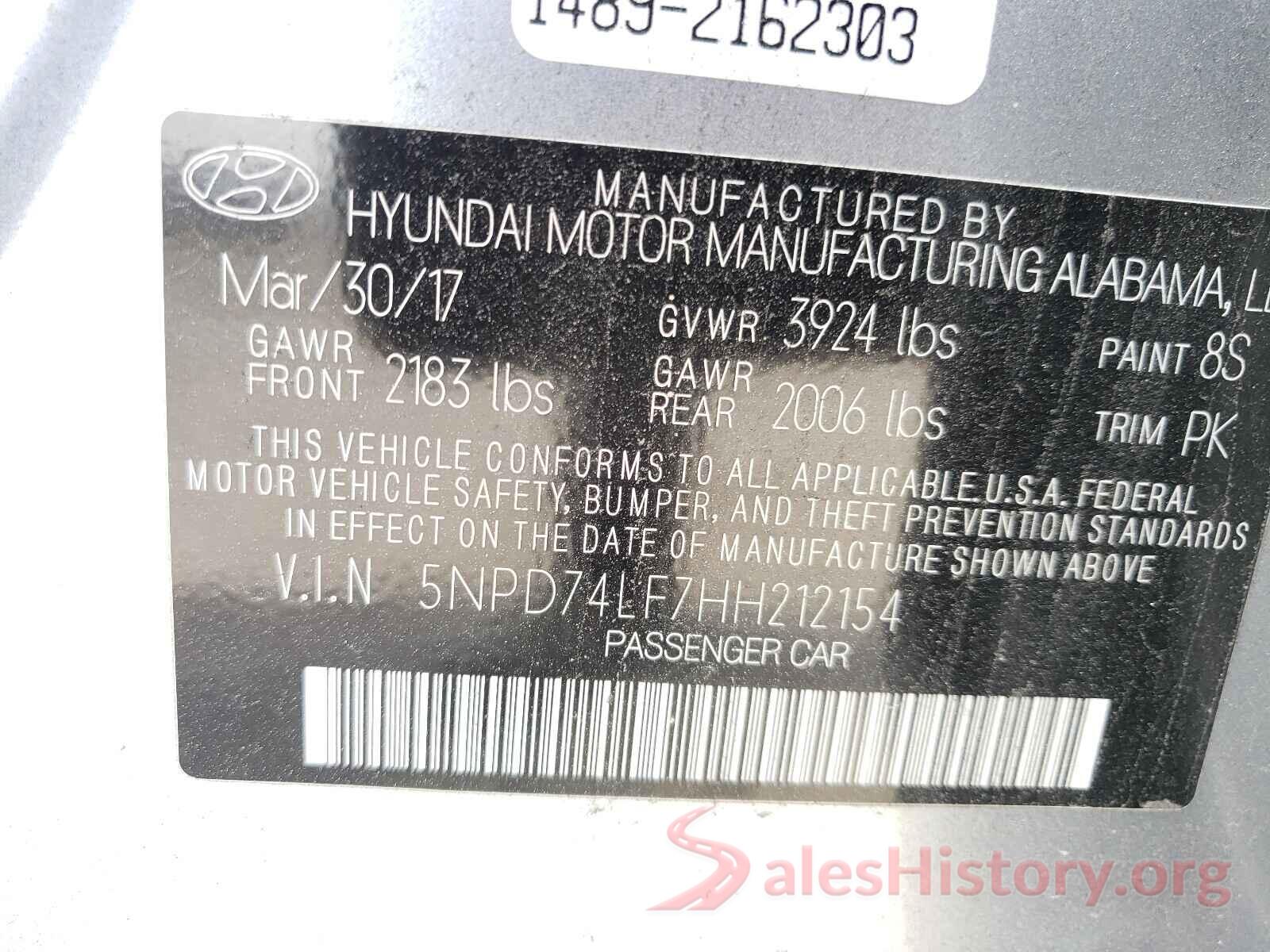 5NPD74LF7HH212154 2017 HYUNDAI ELANTRA