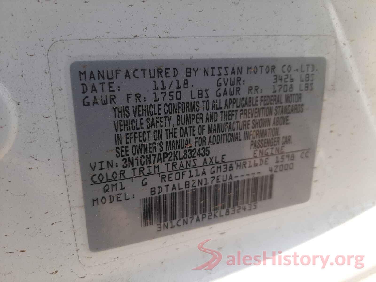 3N1CN7AP2KL832435 2019 NISSAN VERSA