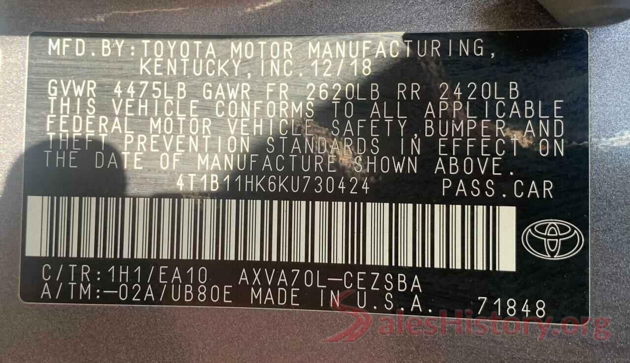 4T1B11HK6KU730424 2019 TOYOTA CAMRY