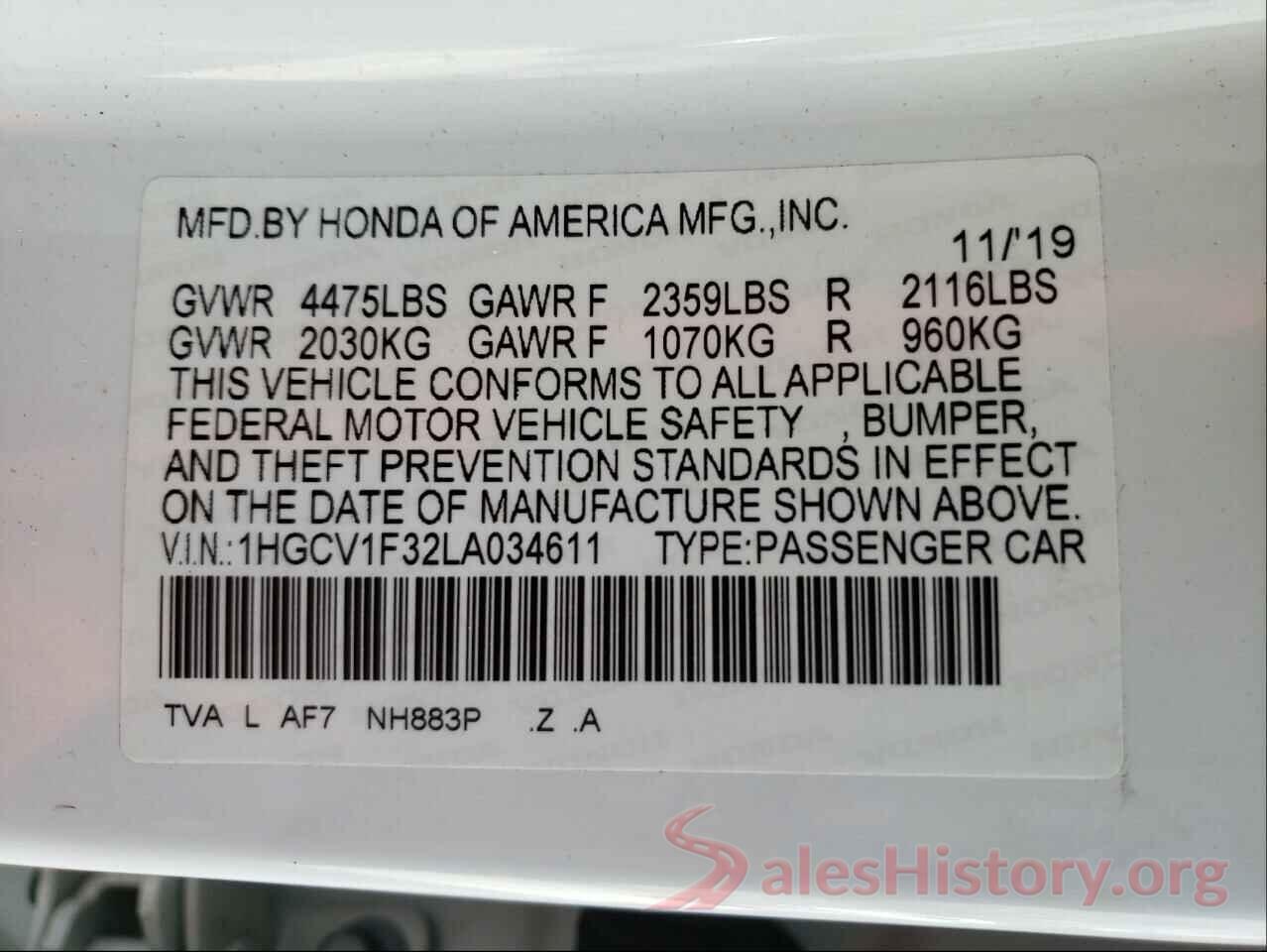 1HGCV1F32LA034611 2020 HONDA ACCORD