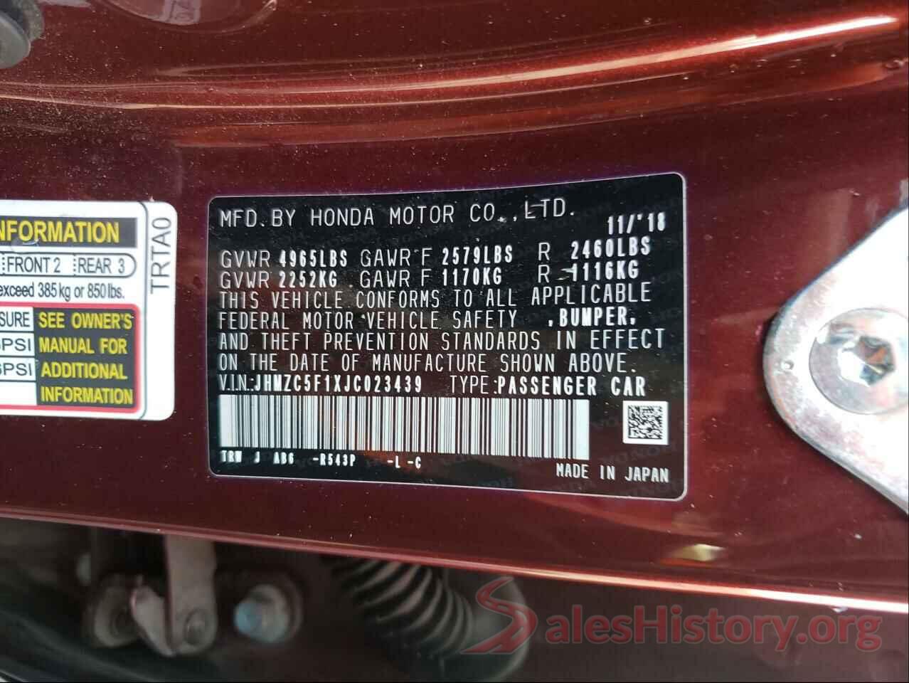 JHMZC5F1XJC023439 2018 HONDA CLARITY