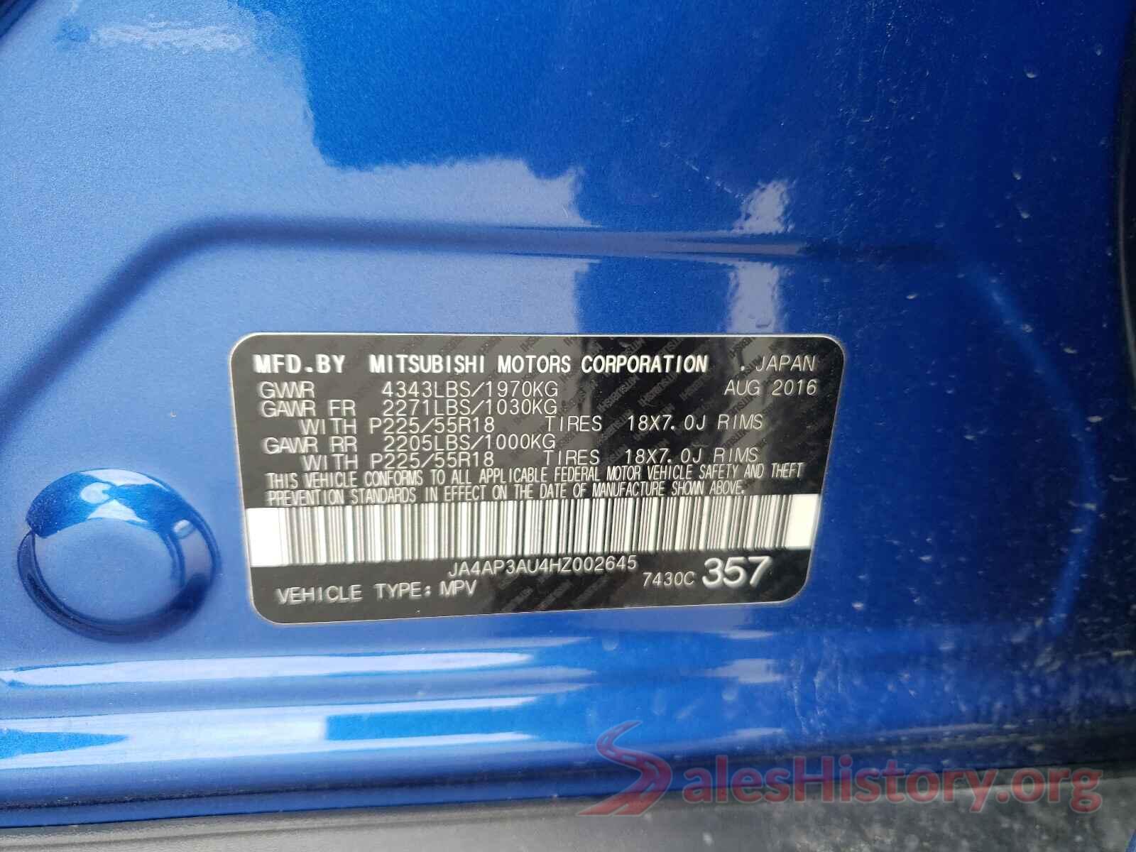 JA4AP3AU4HZ002645 2017 MITSUBISHI OUTLANDER