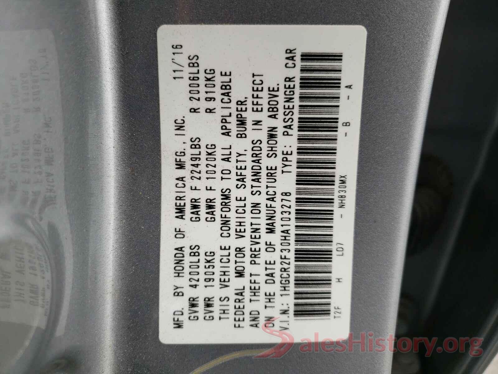 1HGCR2F30HA103278 2017 HONDA ACCORD