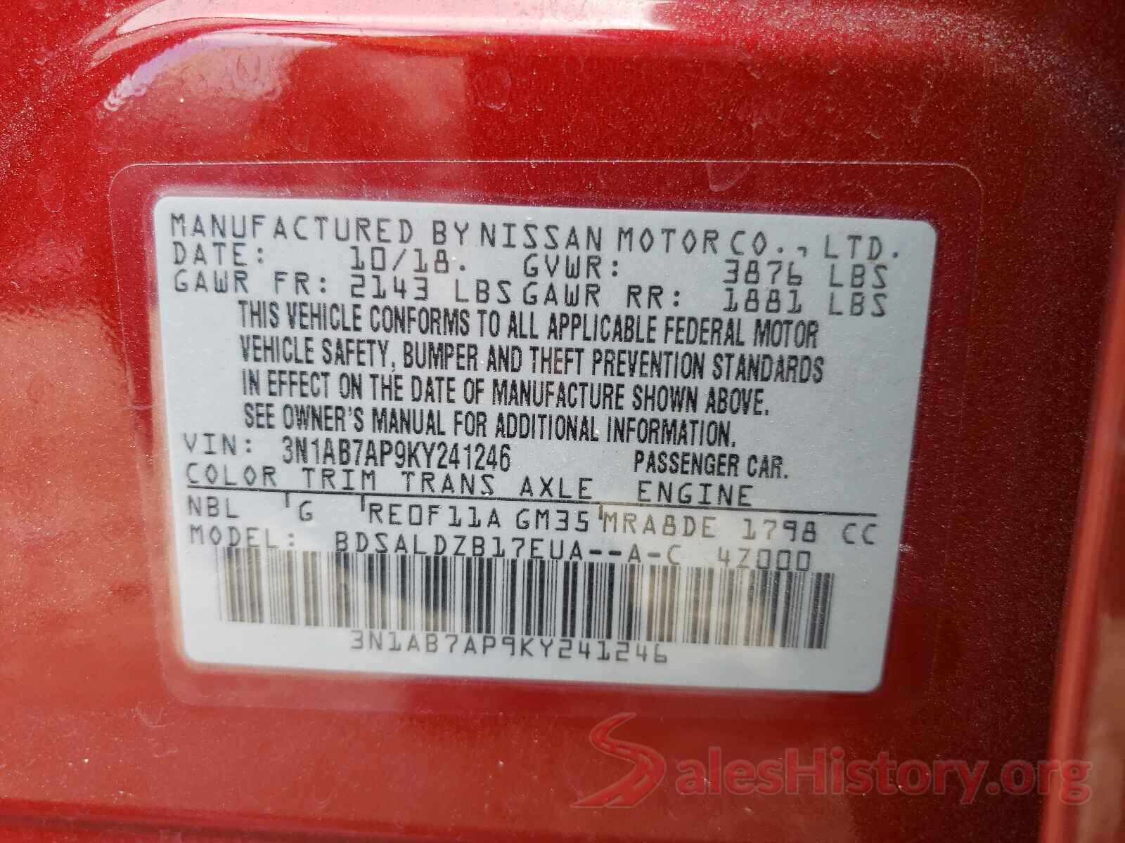 3N1AB7AP9KY241246 2019 NISSAN SENTRA