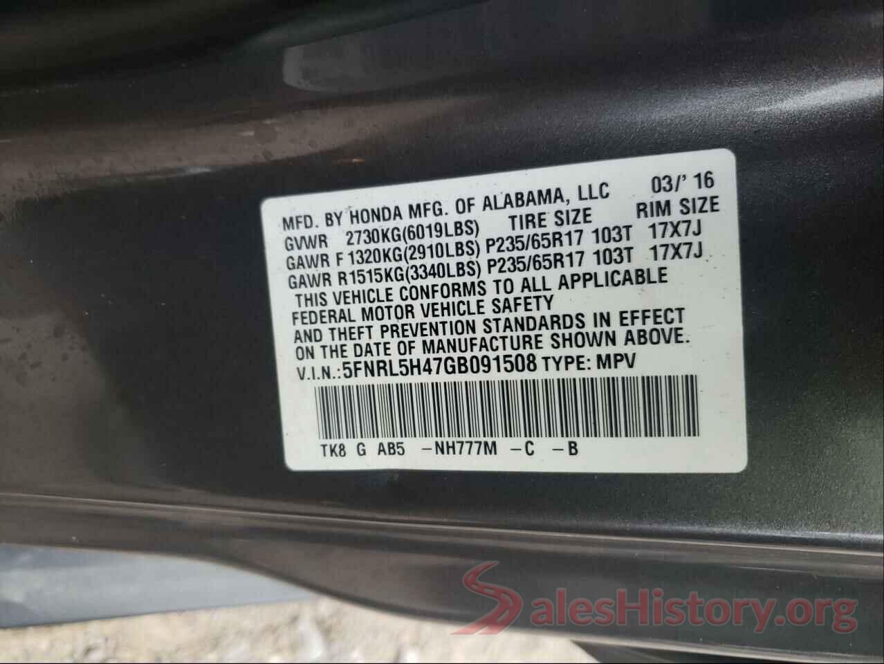 5FNRL5H47GB091508 2016 HONDA ODYSSEY