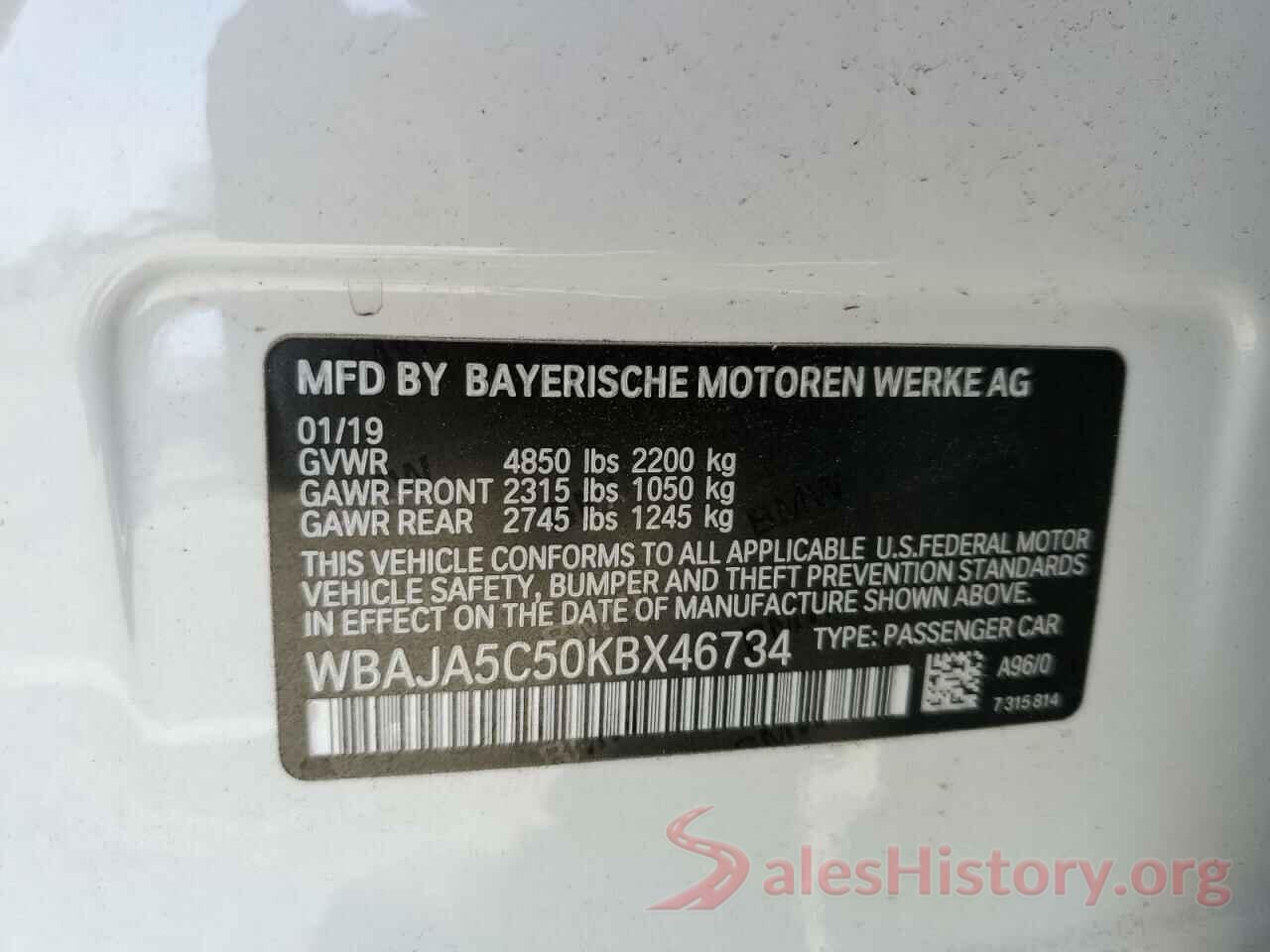 WBAJA5C50KBX46734 2019 BMW 5 SERIES