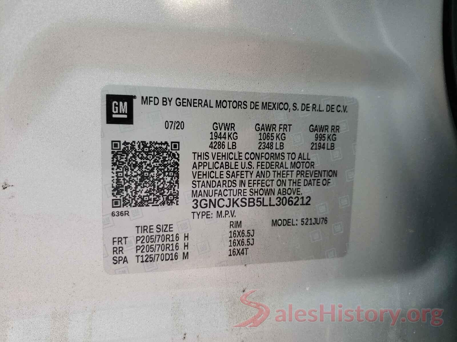 3GNCJKSB5LL306212 2020 CHEVROLET TRAX