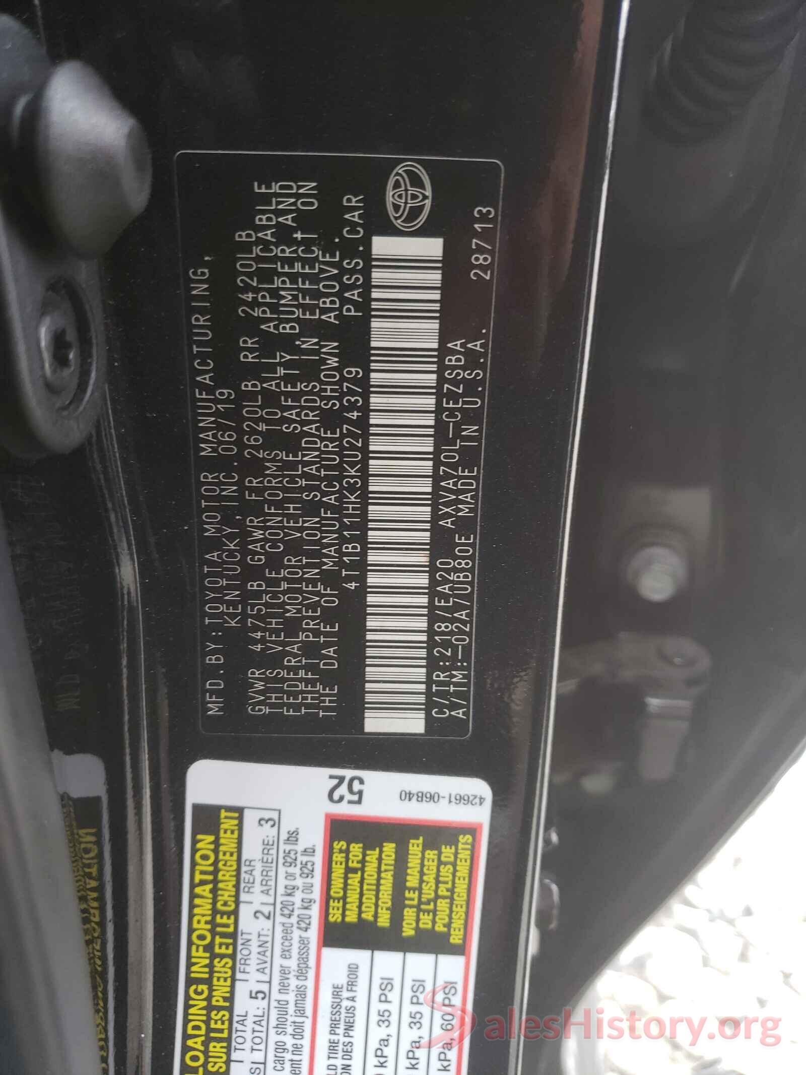 4T1B11HK3KU274379 2019 TOYOTA CAMRY