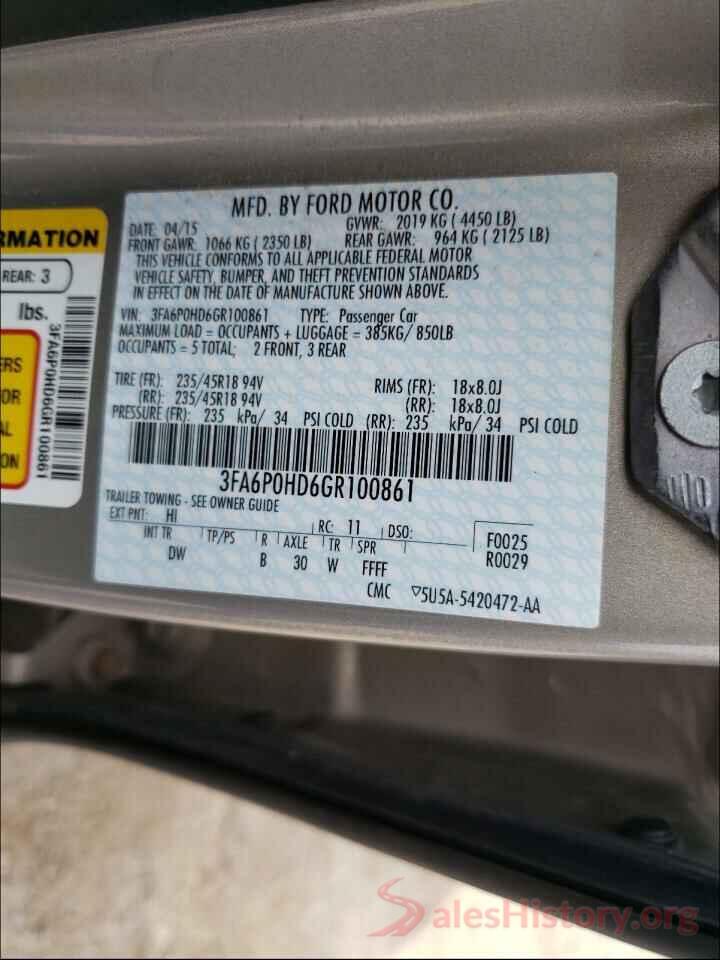 3FA6P0HD6GR100861 2016 FORD FUSION