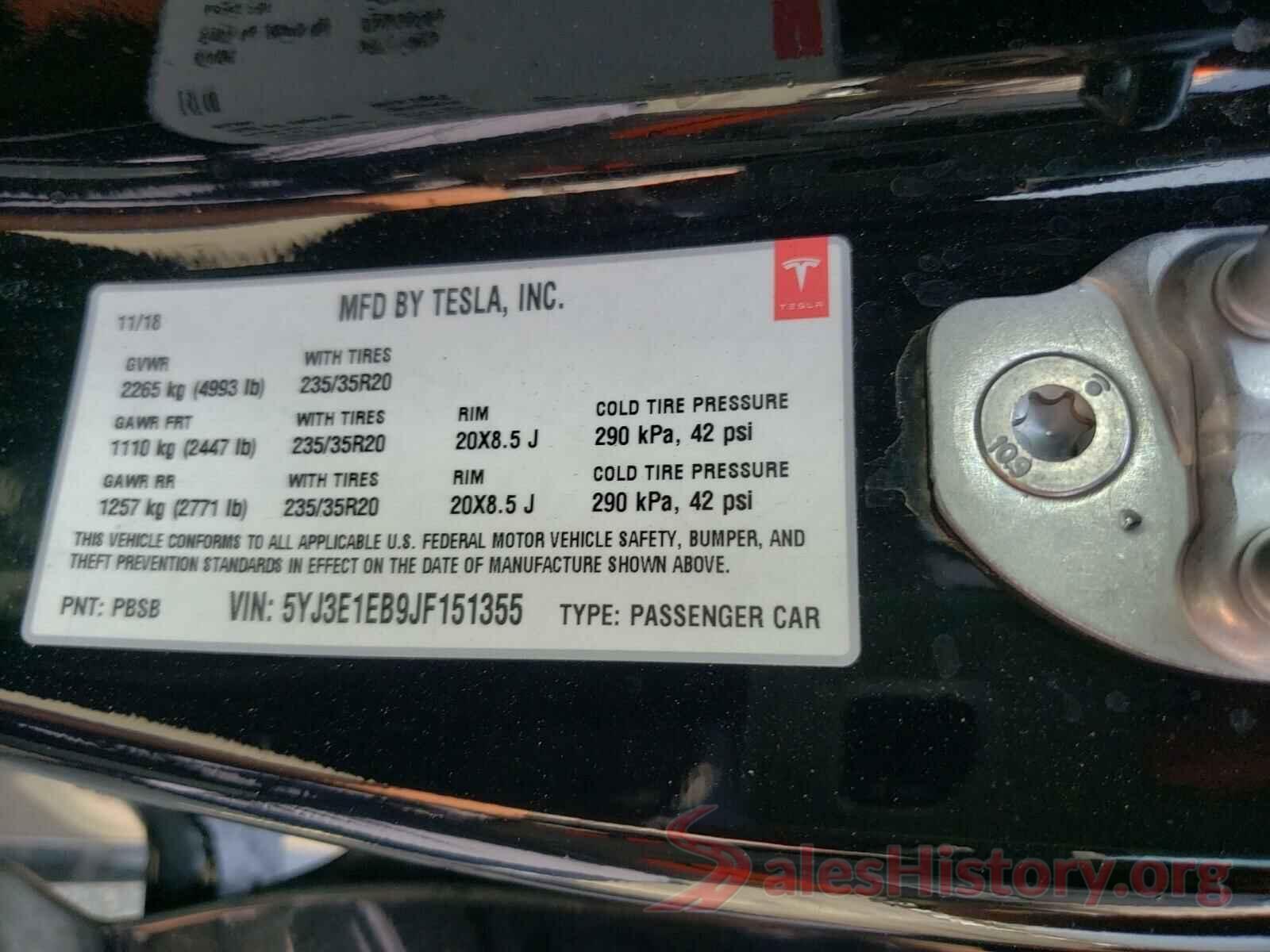 5YJ3E1EB9JF151355 2018 TESLA MODEL 3