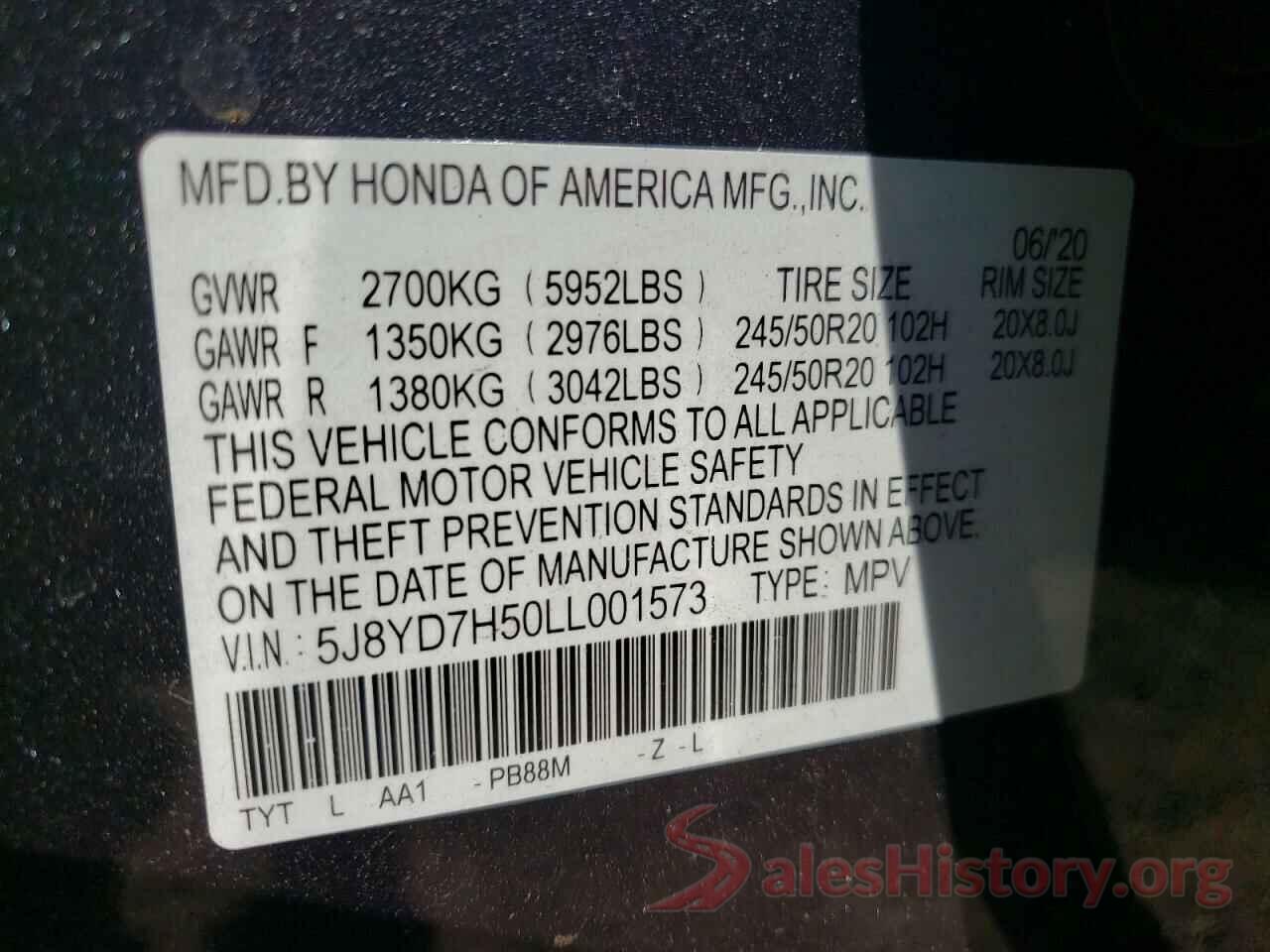 5J8YD7H50LL001573 2020 ACURA MDX