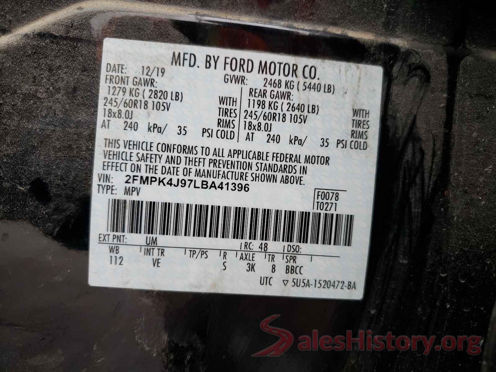 2FMPK4J97LBA41396 2020 FORD EDGE