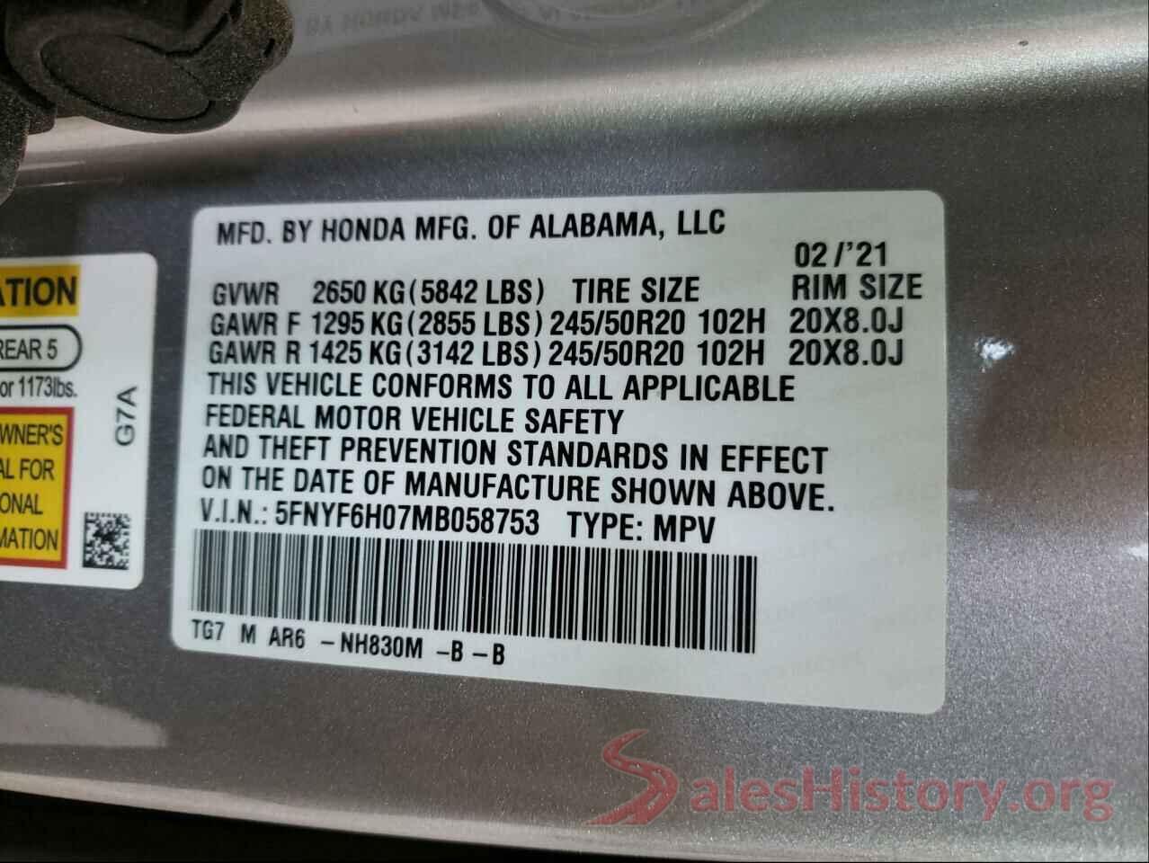 5FNYF6H07MB058753 2021 HONDA PILOT