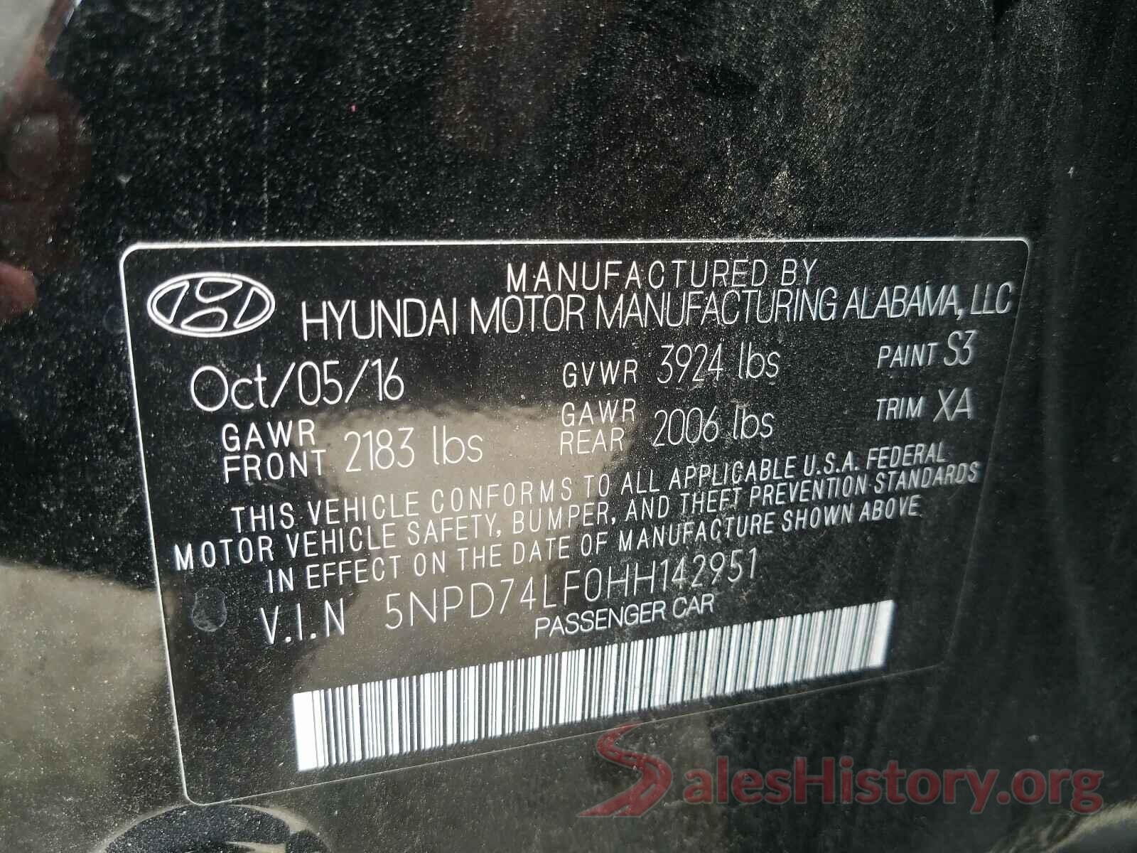 5NPD74LF0HH142951 2017 HYUNDAI ELANTRA