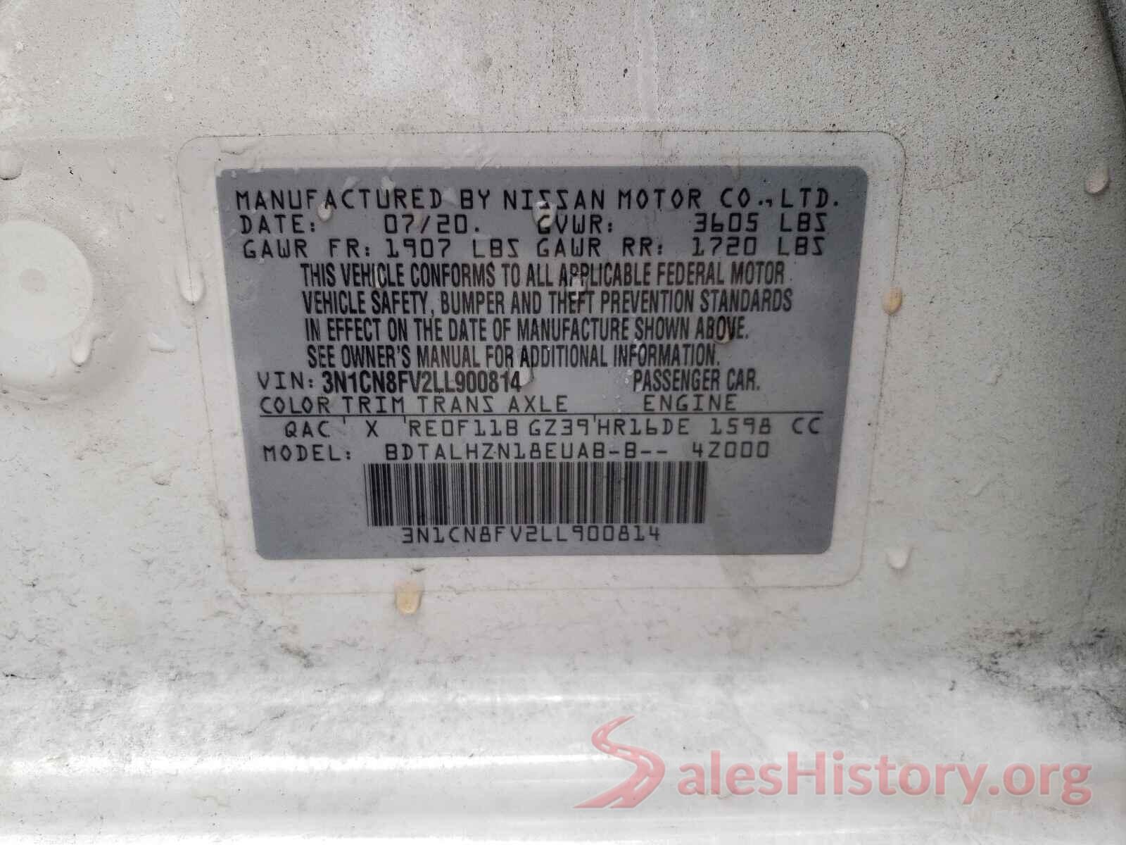 3N1CN8FV2LL900814 2020 NISSAN VERSA