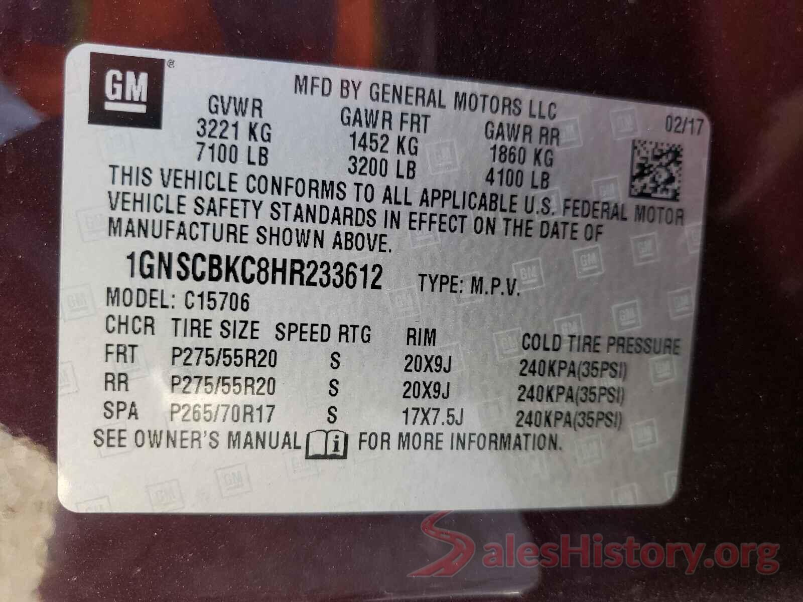 1GNSCBKC8HR233612 2017 CHEVROLET TAHOE