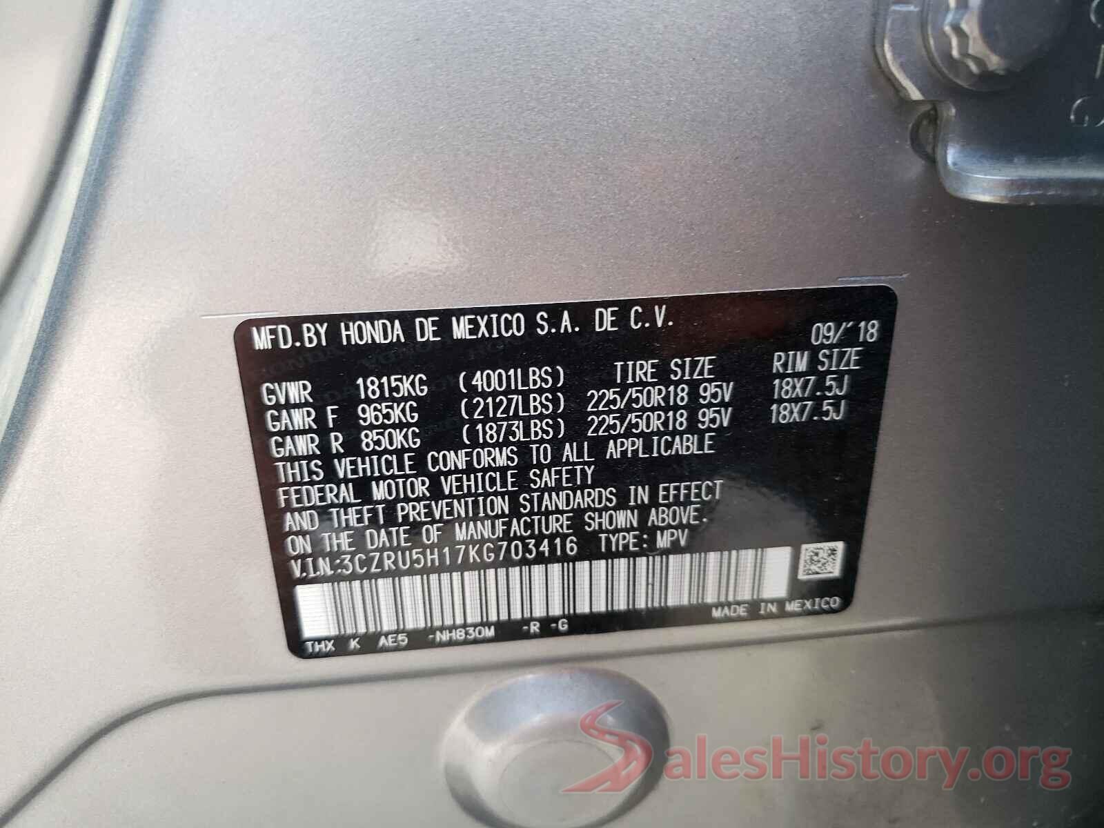 3CZRU5H17KG703416 2019 HONDA HR-V