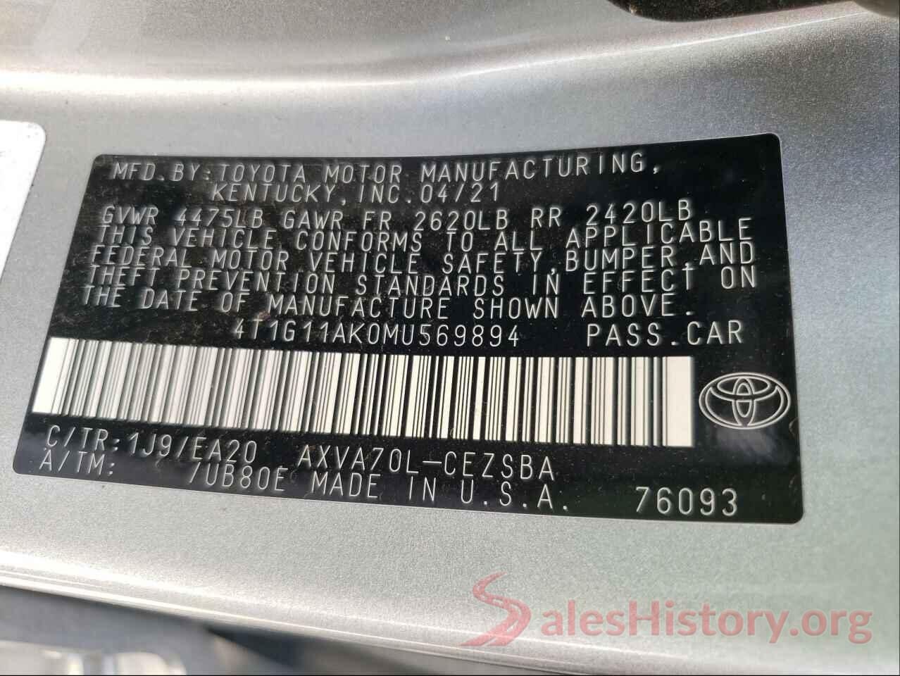 4T1G11AK0MU569894 2021 TOYOTA CAMRY