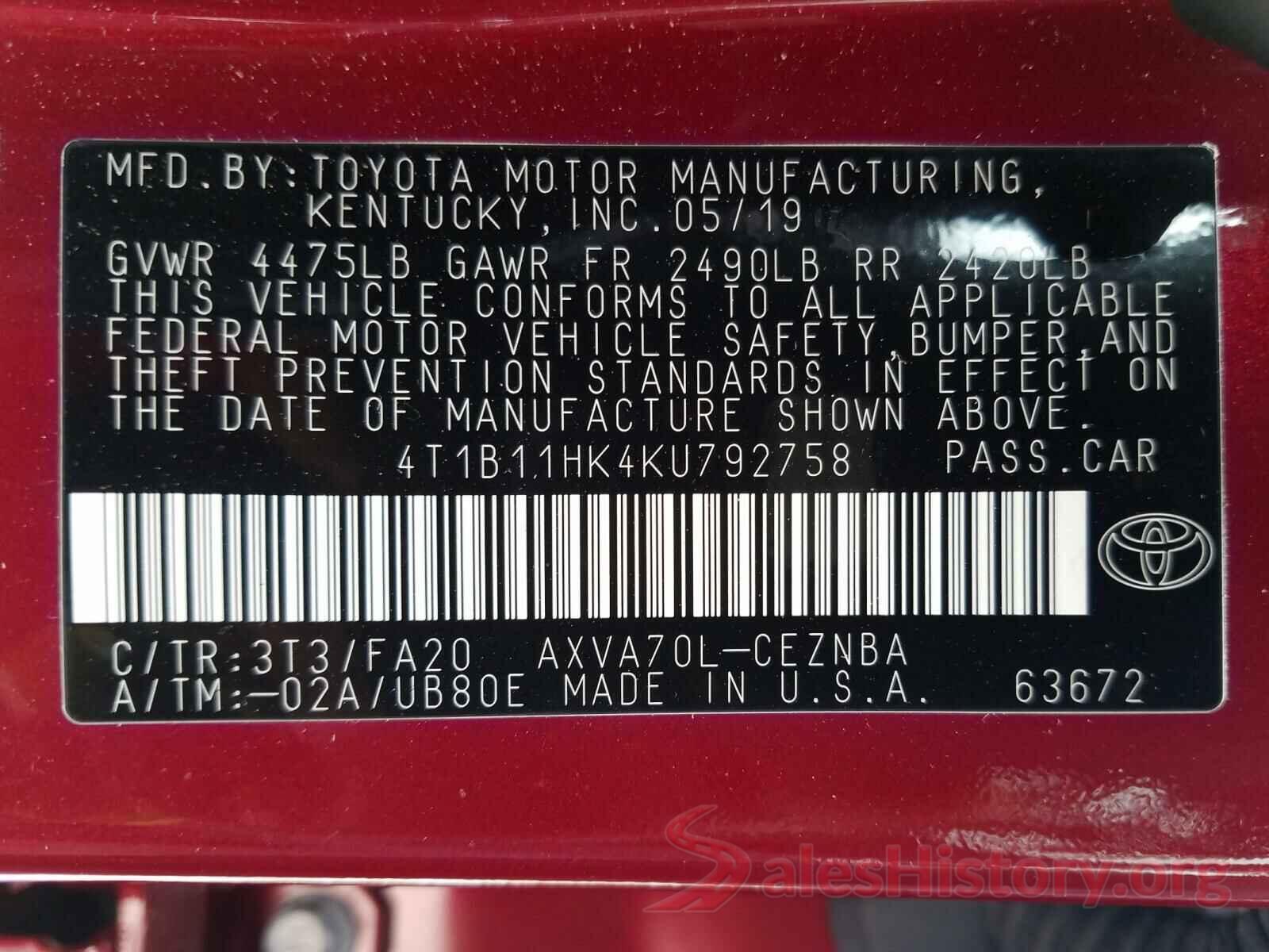 4T1B11HK4KU792758 2019 TOYOTA CAMRY