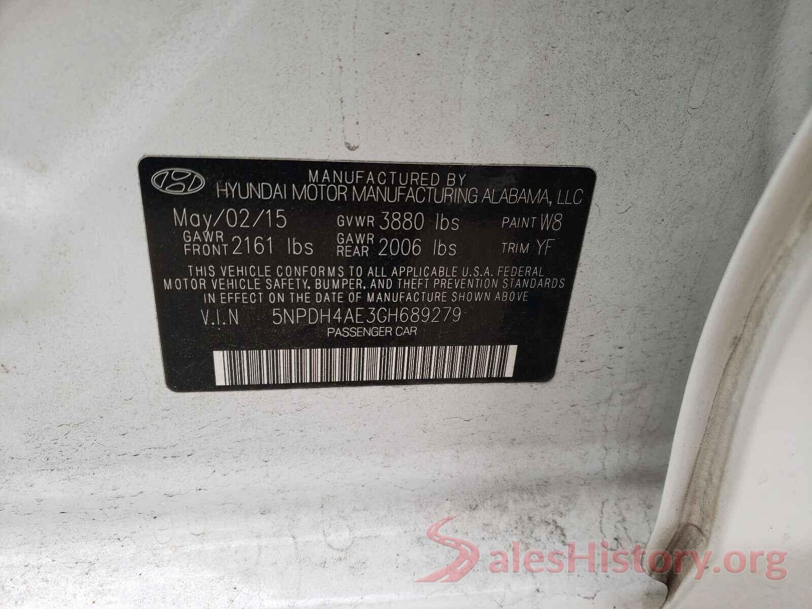 5NPDH4AE3GH689279 2016 HYUNDAI ELANTRA