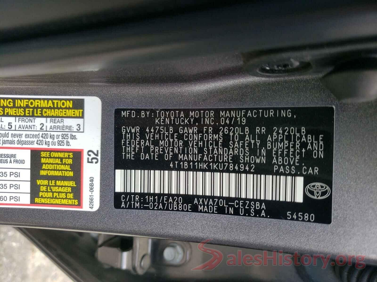 4T1B11HK1KU784942 2019 TOYOTA CAMRY