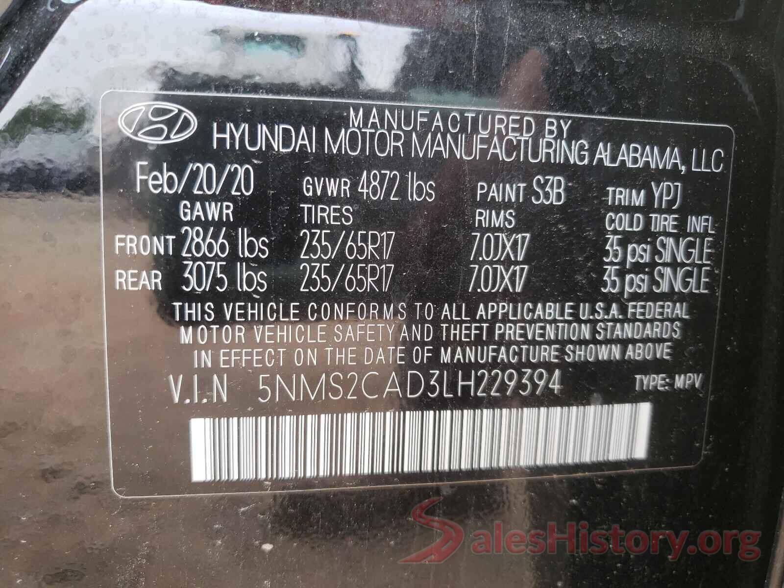 5NMS2CAD3LH229394 2020 HYUNDAI SANTA FE