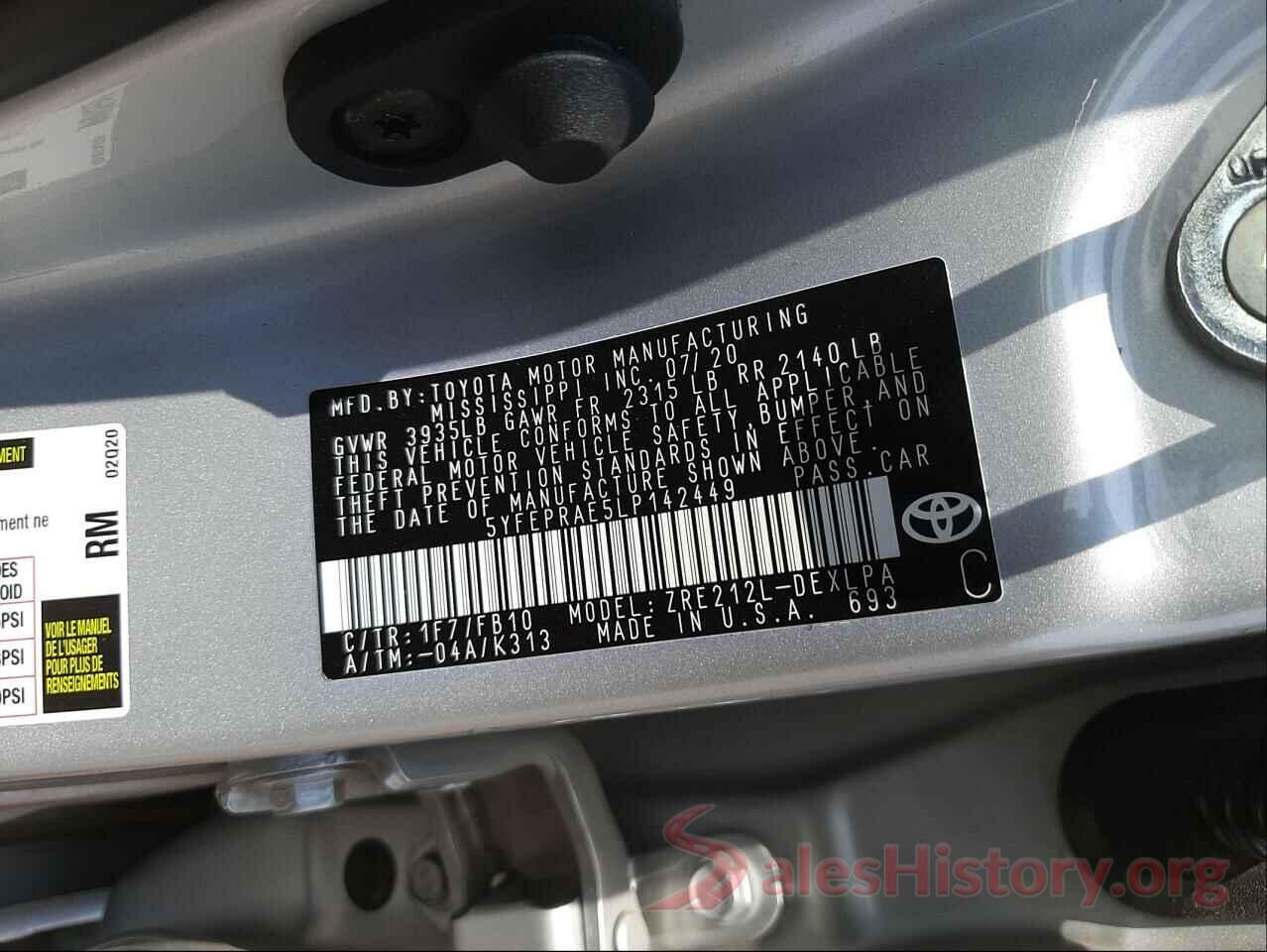 5YFEPRAE5LP142449 2020 TOYOTA COROLLA