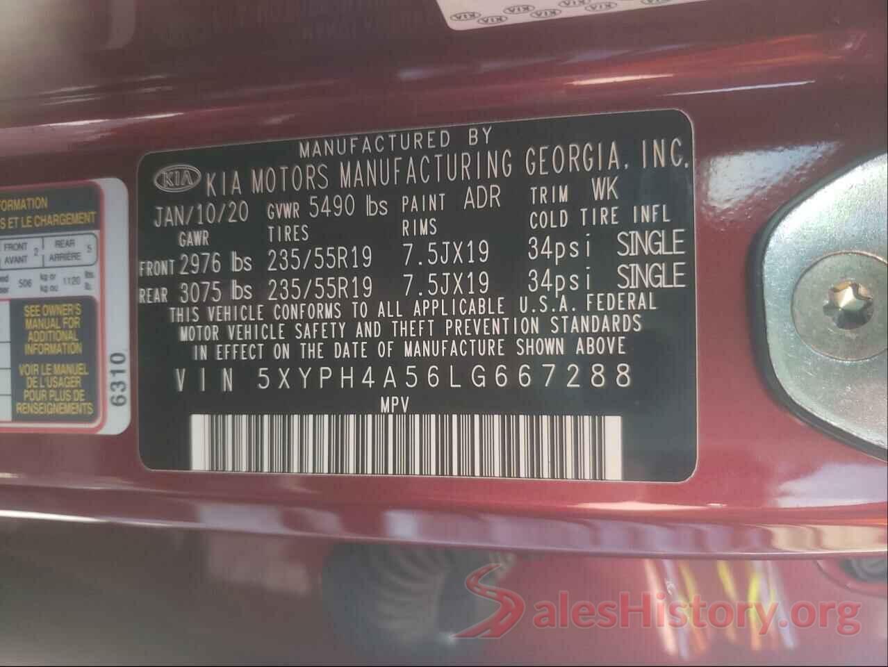 5XYPH4A56LG667288 2020 KIA SORENTO